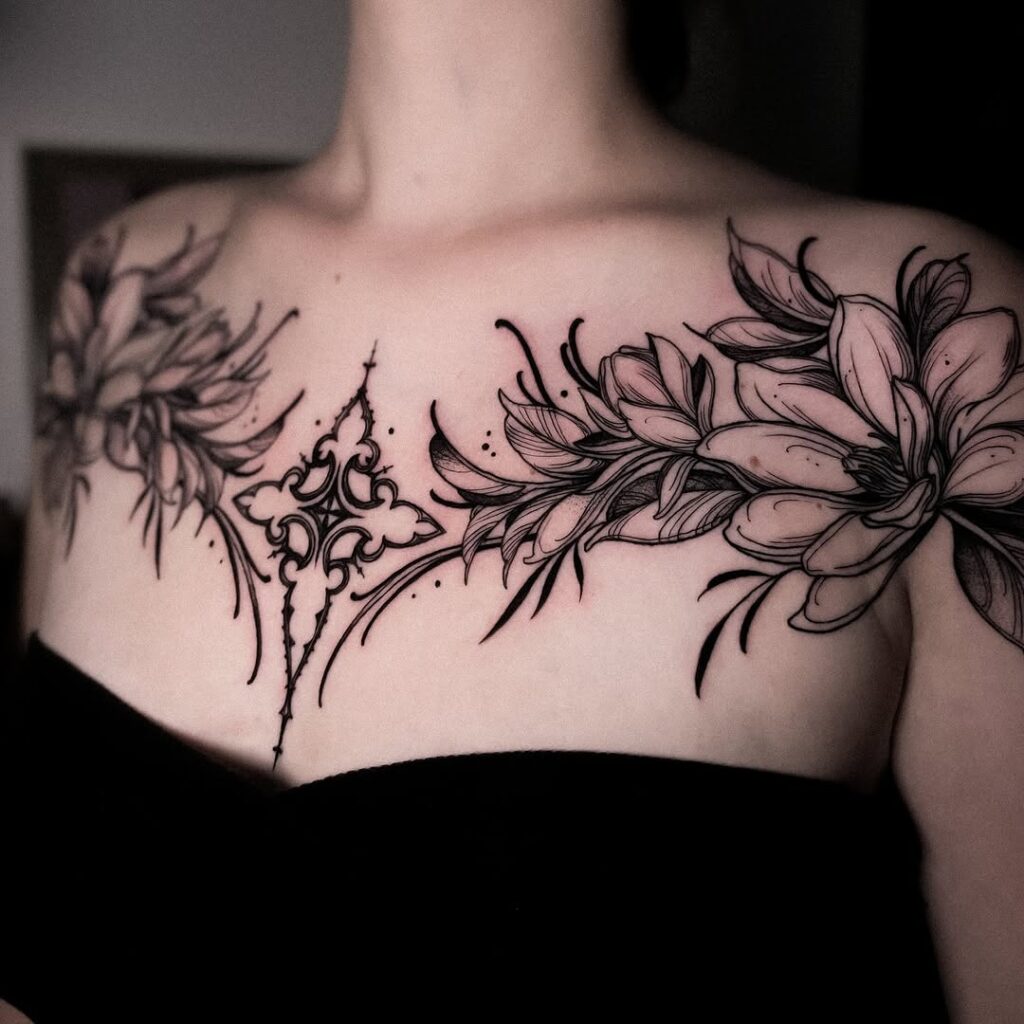Gothic Ornament And Magnolias Tattoo