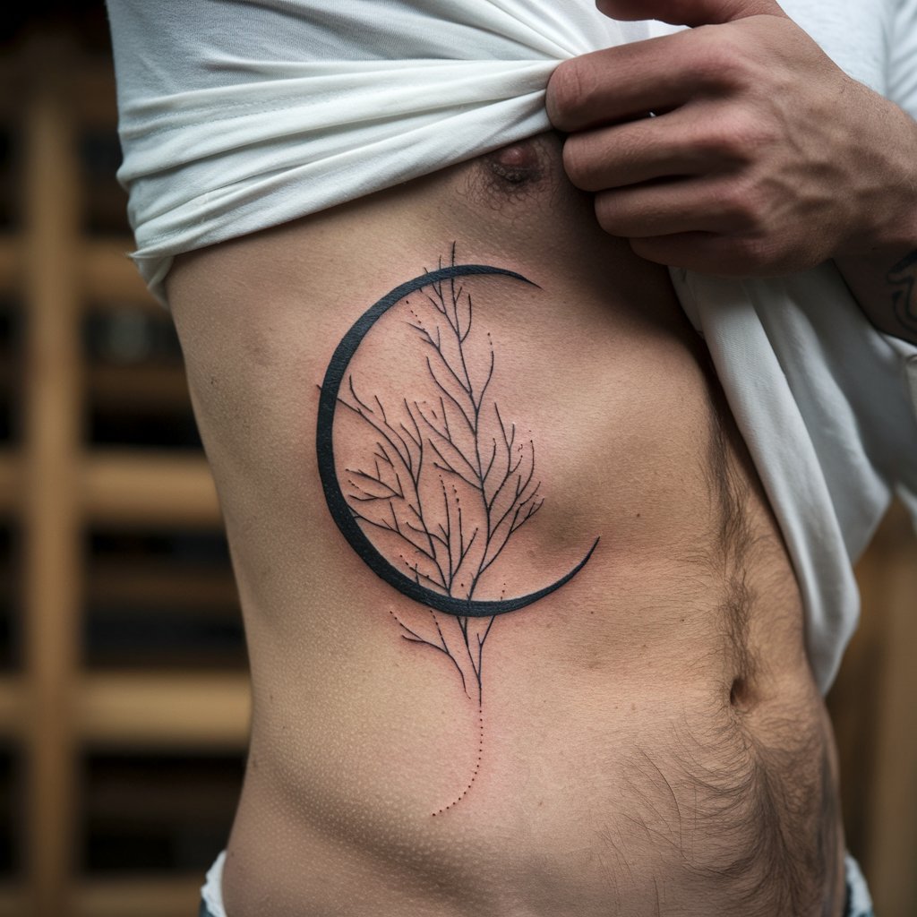 Bare Tree And Crescent Moon Rib Tattoo
