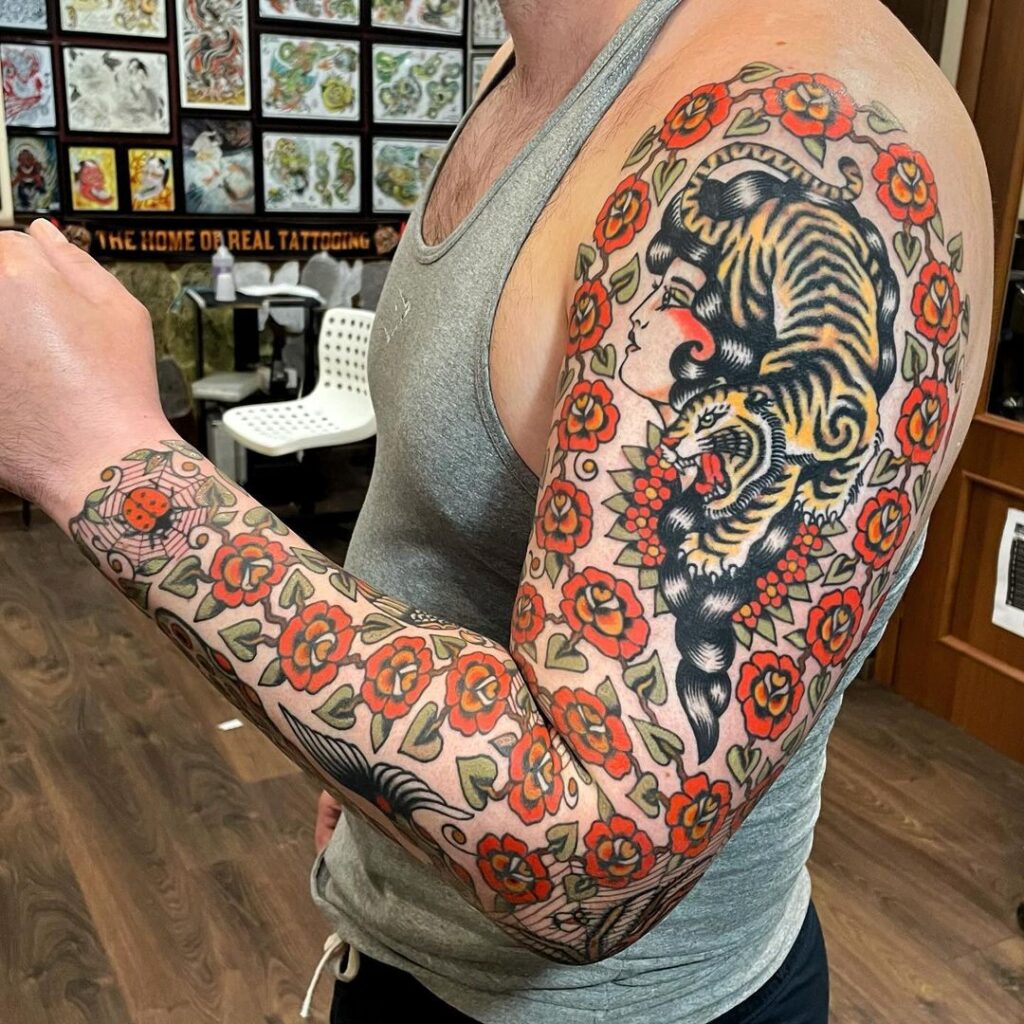 American Traditional Floral Sleeve Tattoo