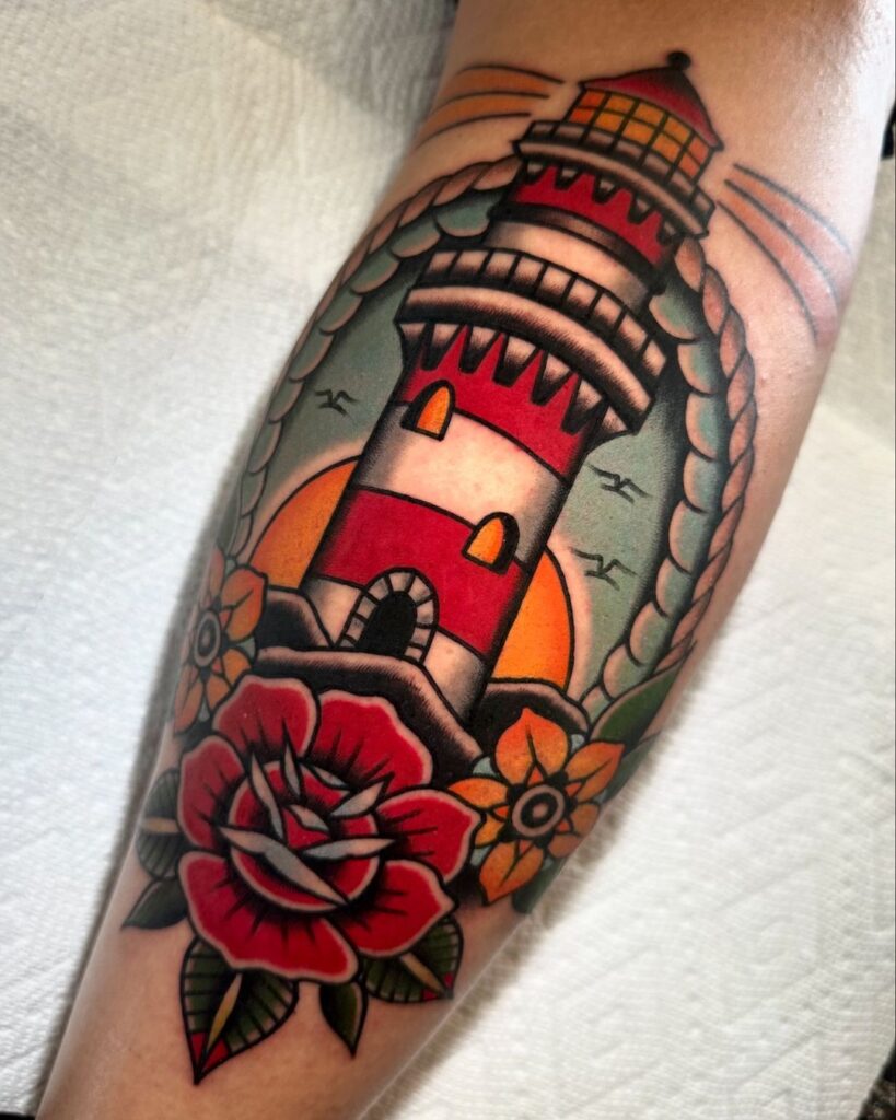 American Traditional Lighthouse Tattoo
