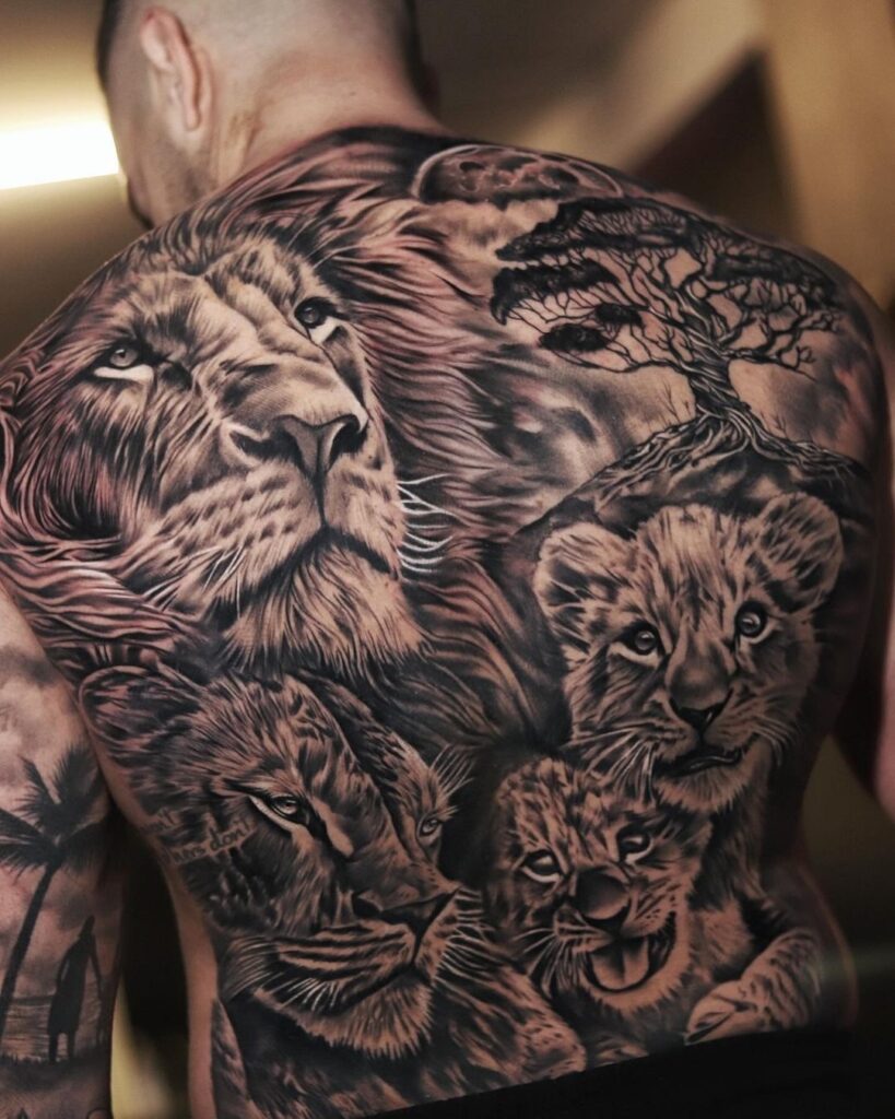Full-Back Lion Family Tattoo