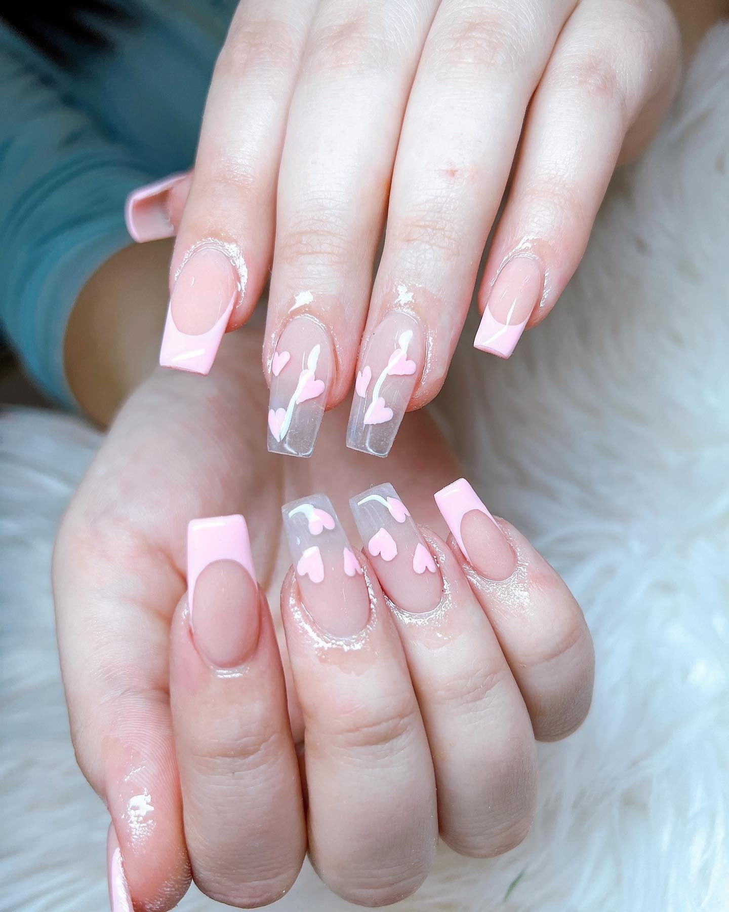 4. Pastel Heart French Coffin Nails (Coffin Nail Ideas)