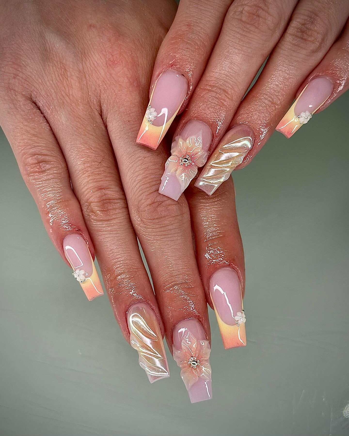 5. Peach Glow Floral Coffin Nails (Coffin Nail Ideas)
