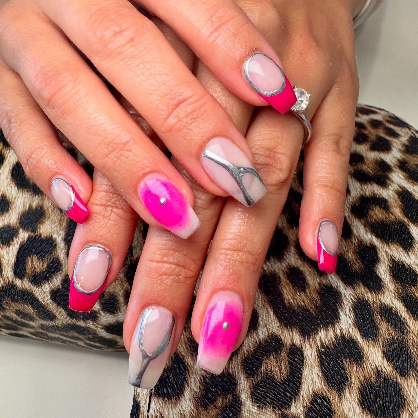 6. Neon Pink and Chrome Line Coffin Nails (Coffin Nail Ideas)