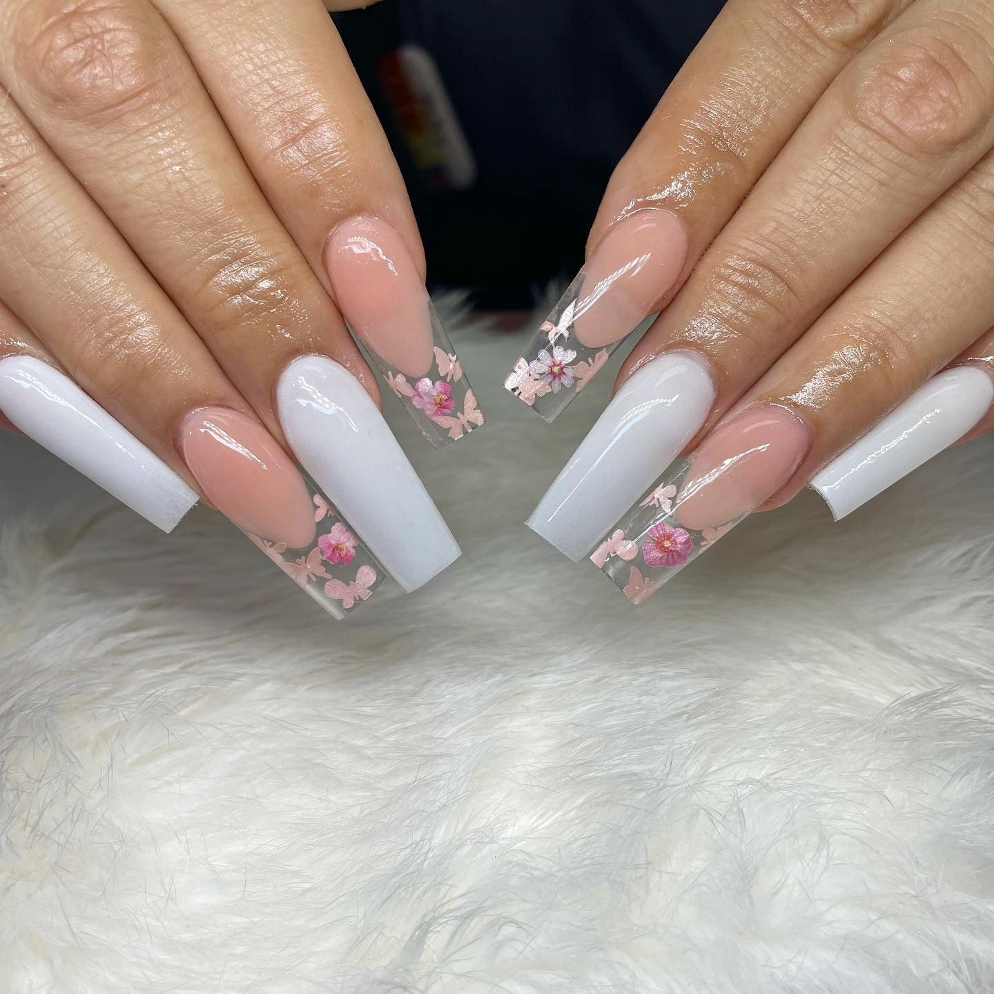 7. Spring Garden White Coffin Nails (Coffin Nail Ideas)