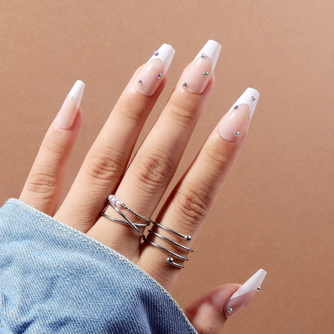 13. Crystal Dot French Coffin Nails (Coffin Nail Ideas)