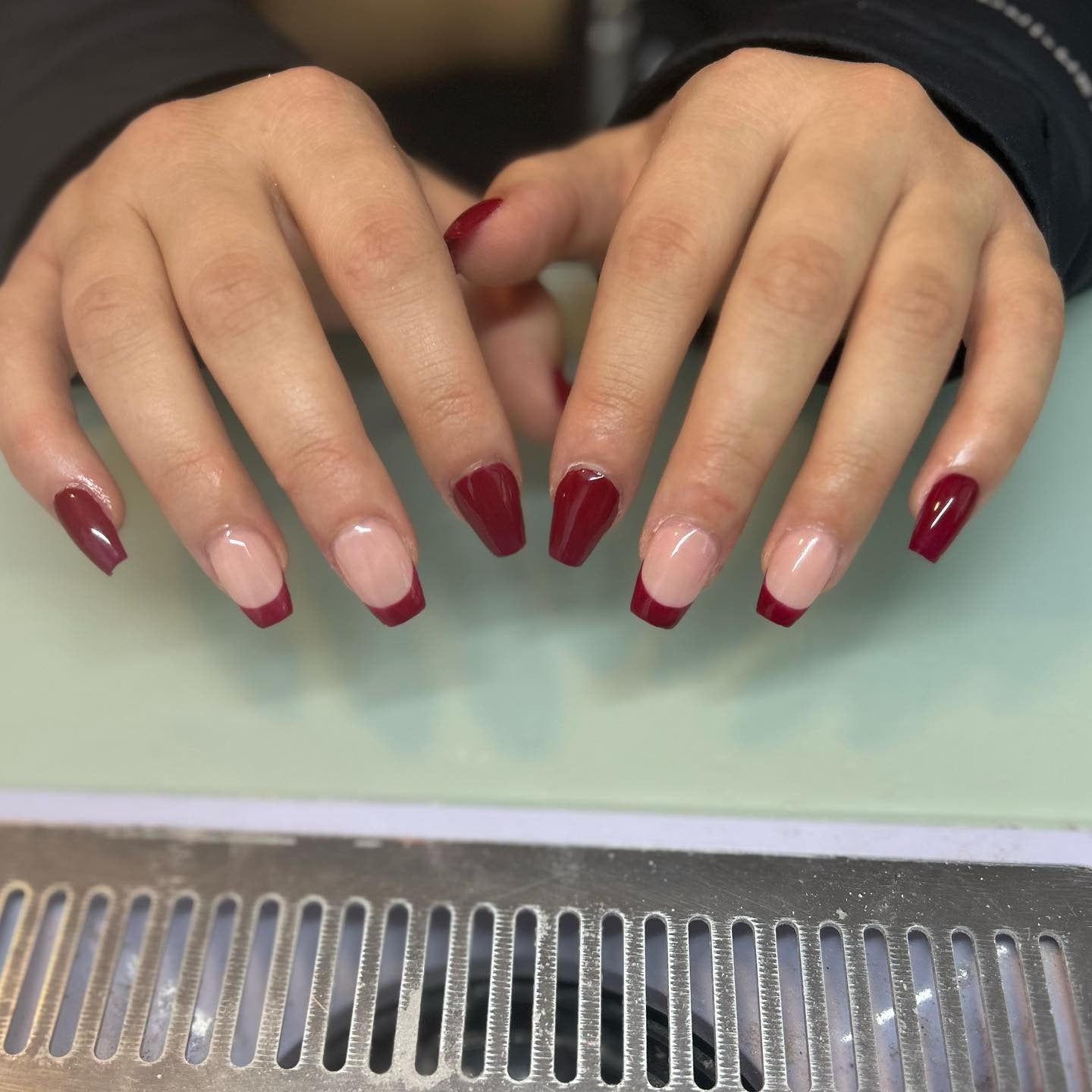 1. Deep Red French Coffin Nails (Dark Red Coffin Nail Ideas)