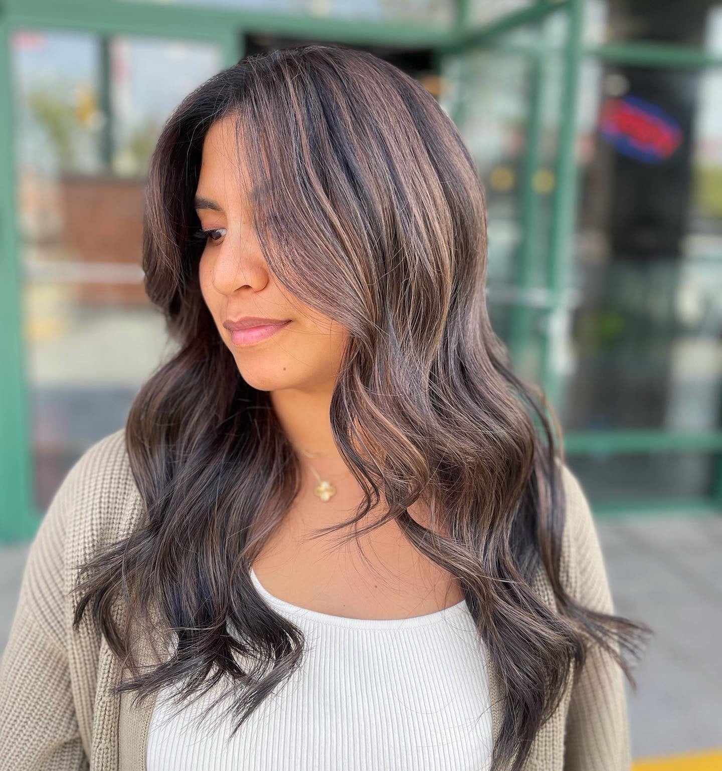 9. Dimensional Curls with Maple Highlights (Balayage Dark Brown Hair Color)