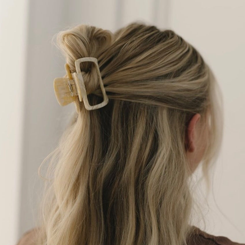 9. Casual Half-Up Waves with Neutral Square Clip (Claw Clip Hairstyles)
