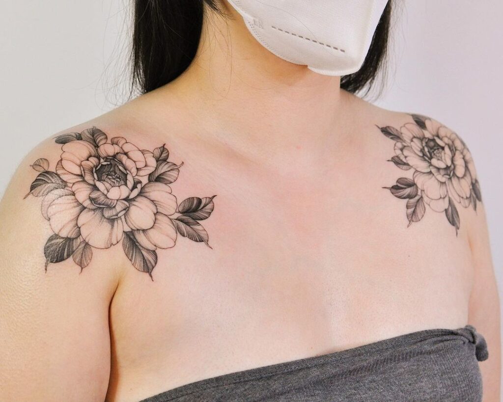 Feminine Peony Shoulder Tattoo