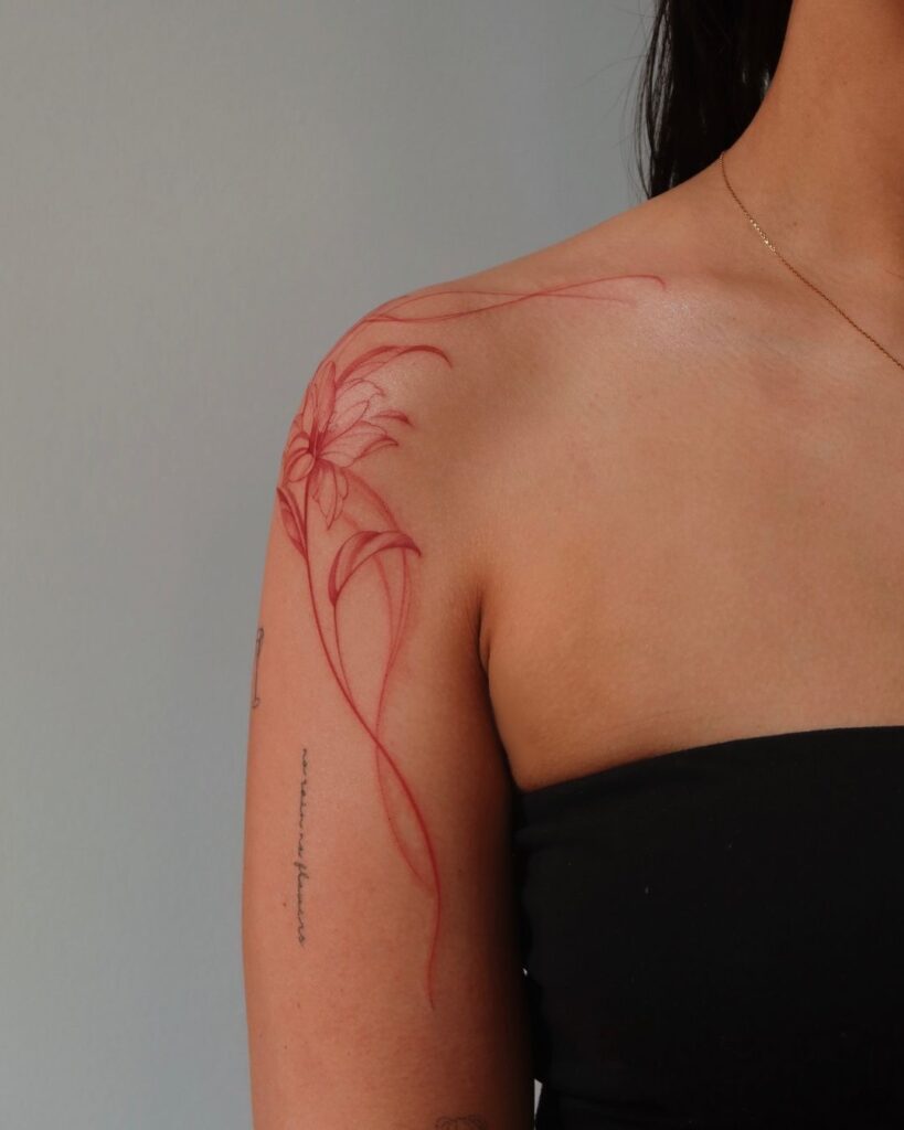 Feminine Red Tiger Lily Shoulder Tattoo