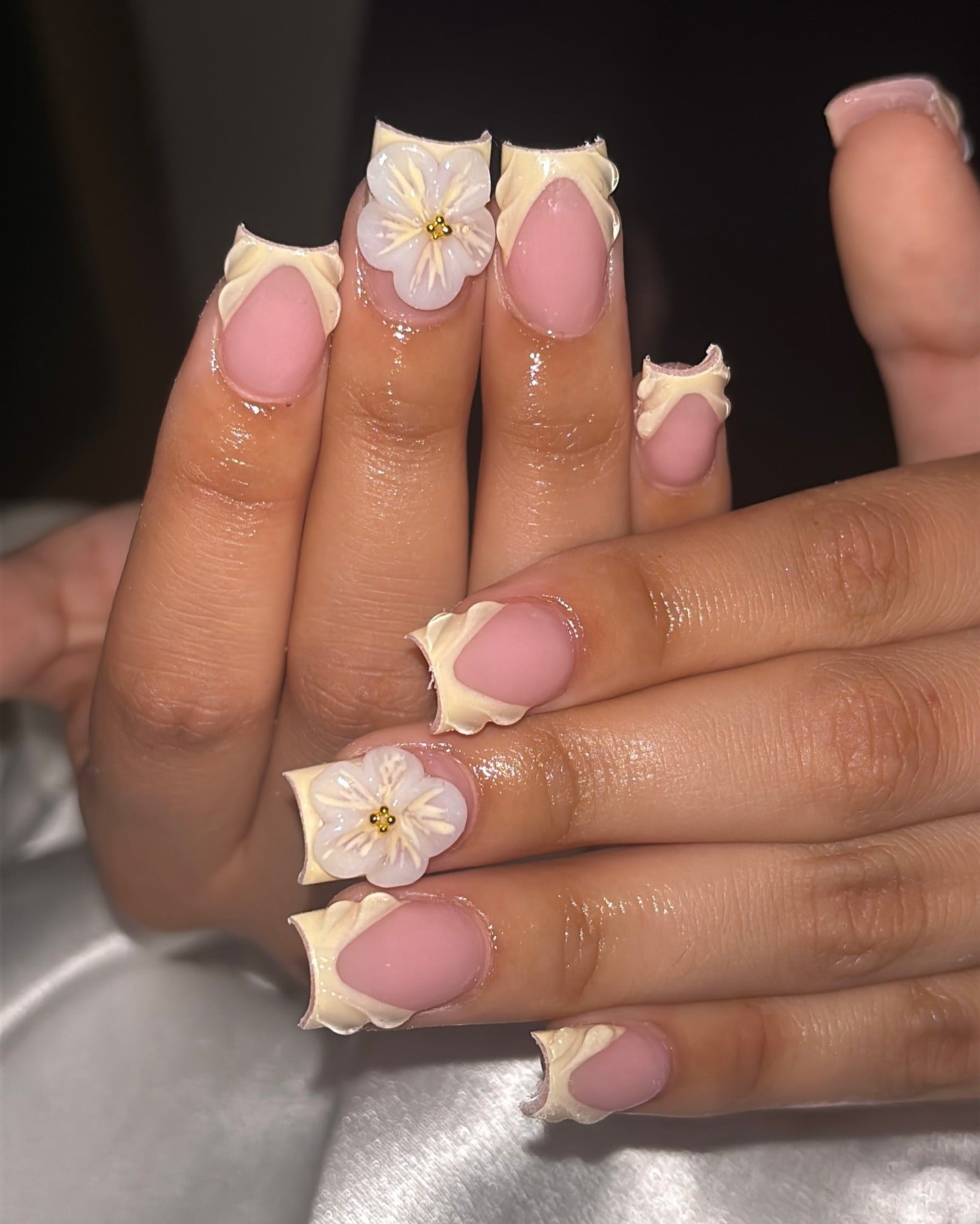 3. Delicate Blossom Frames on Nude Pink (Yellow and White Nail Ideas)