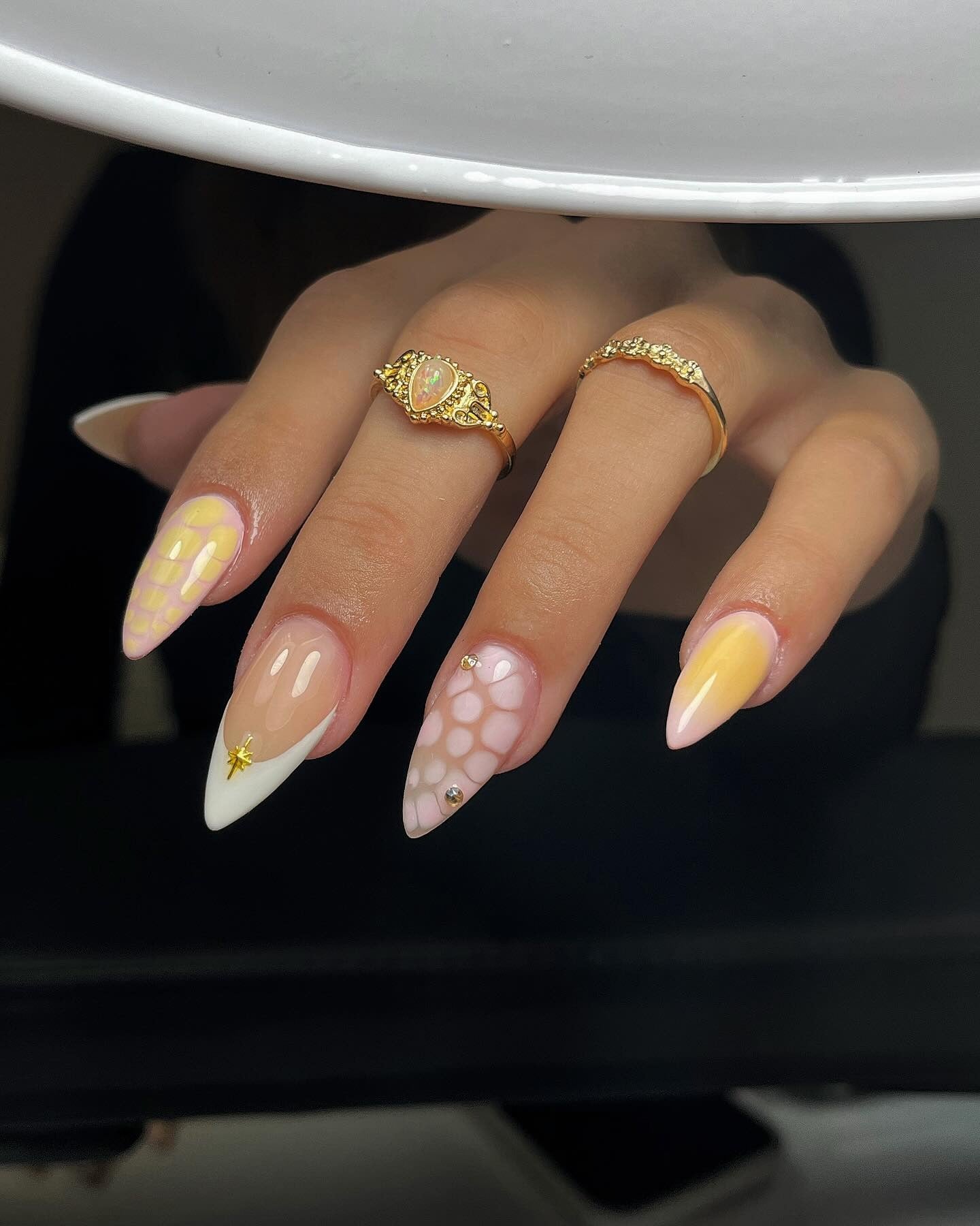 4. Yellow Fade and Shell Texture Tips (Yellow and White Nail Ideas)