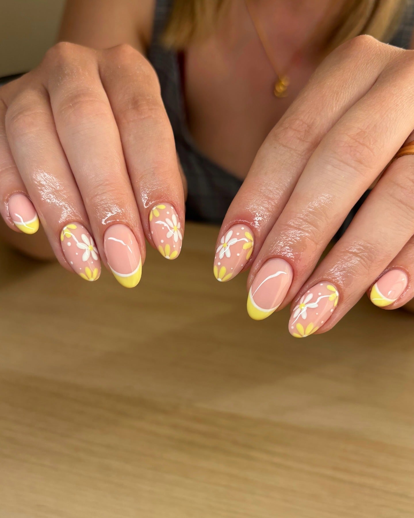 11. Yellow Daisy French with Oval Tips (Yellow and White Nail Ideas)
