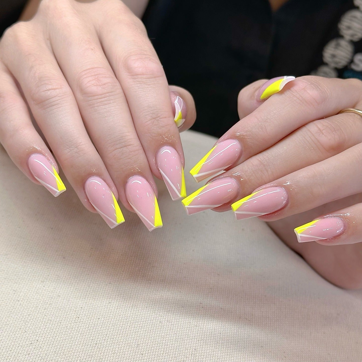 12. Geometric Neon French on Coffin Nails (Yellow and White Nail Ideas)