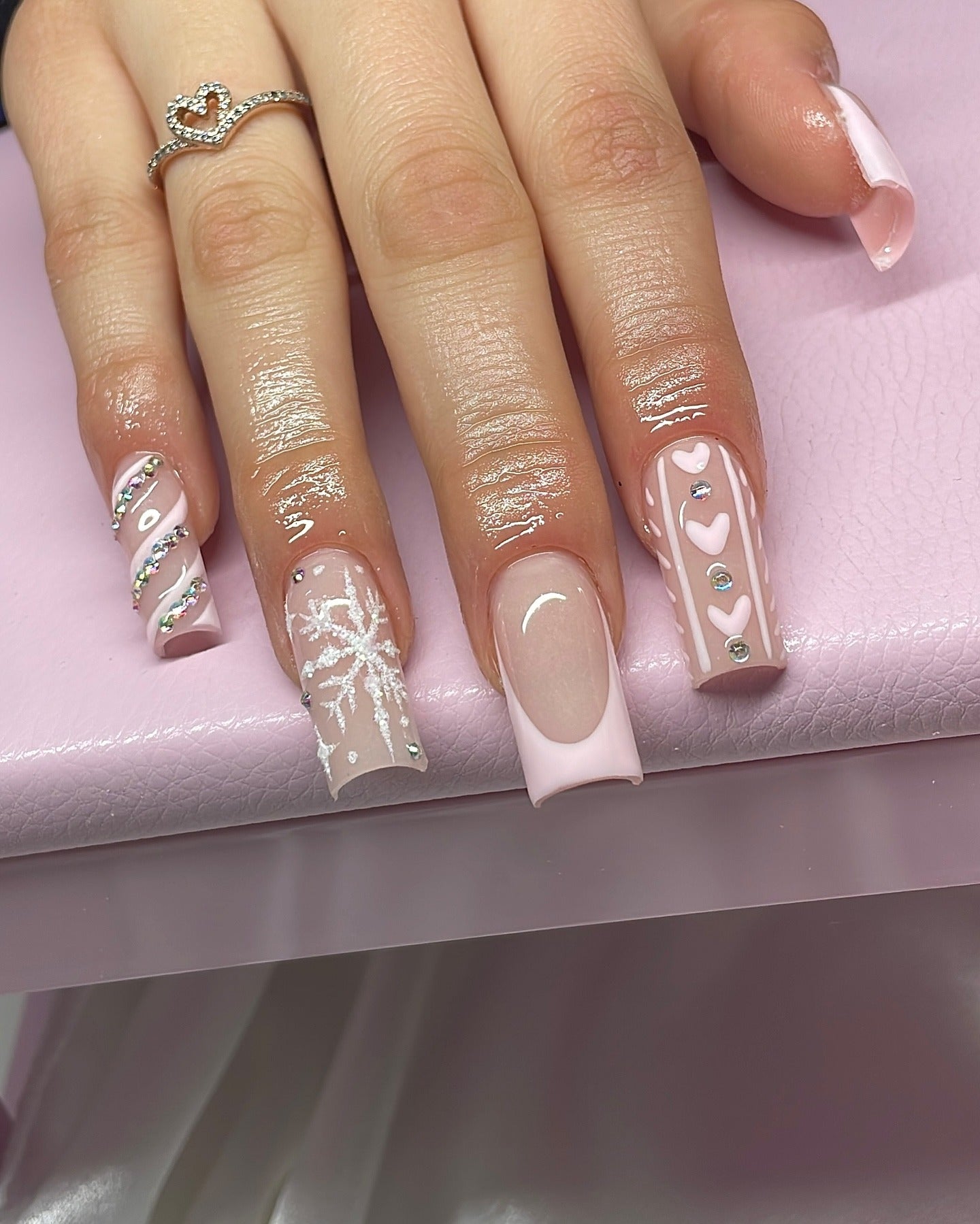 3. Candy Cane Glam and Heart Accents (Winter Birthday Nail Ideas)