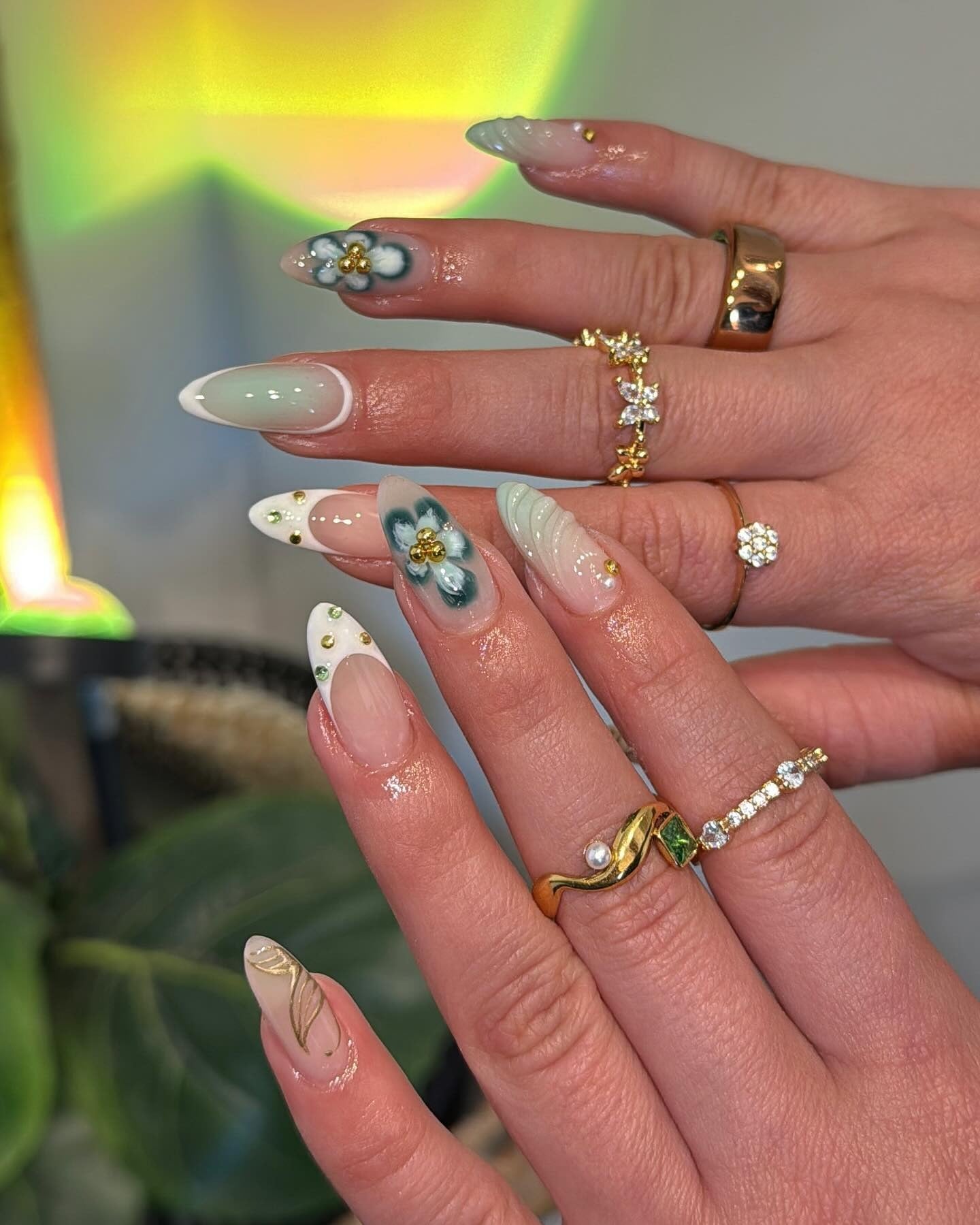 5. Mint Floral Frost with Gold Details (Winter Birthday Nail Ideas)