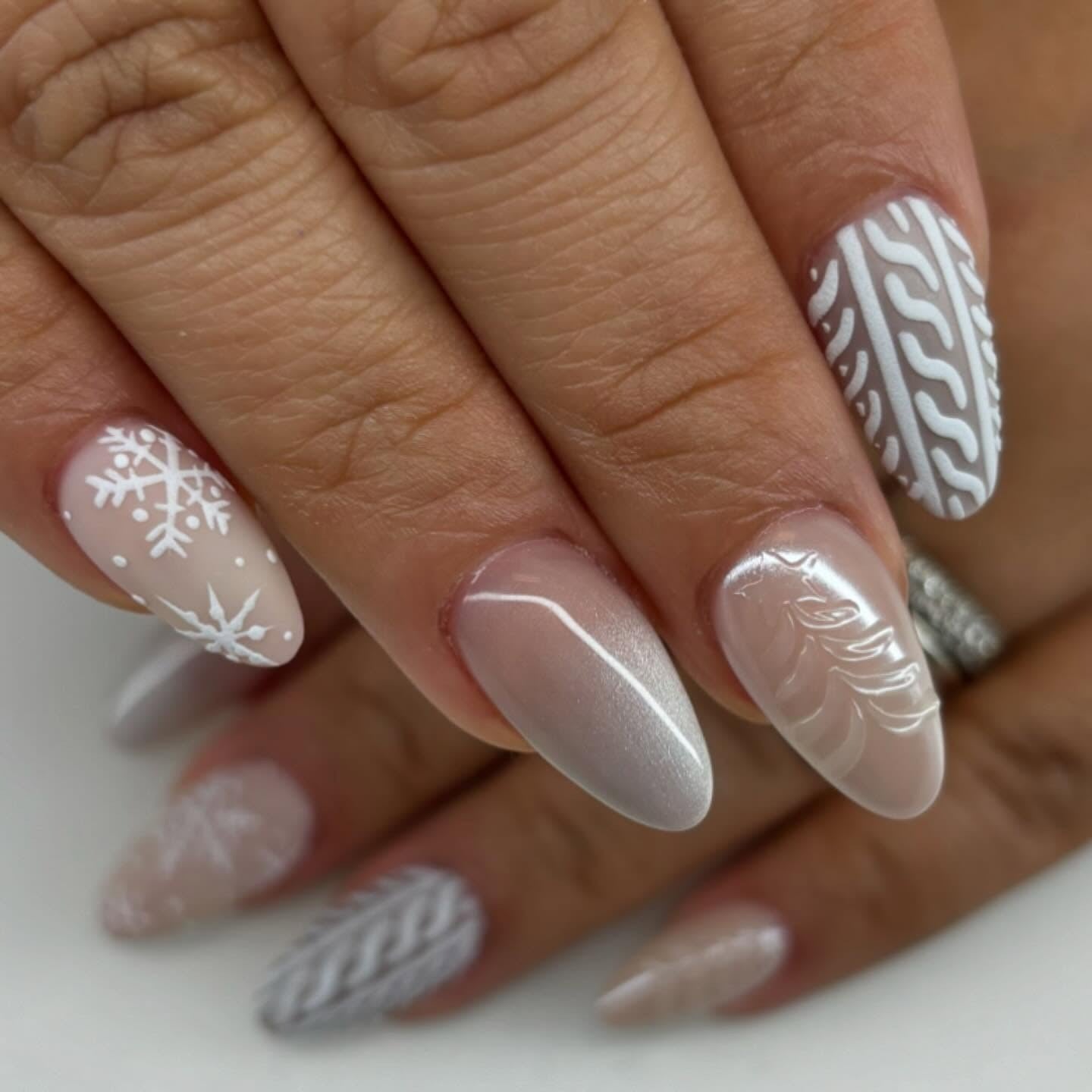 8. Frosted Whites with Textured Sweater Designs (Winter Birthday Nail Ideas)