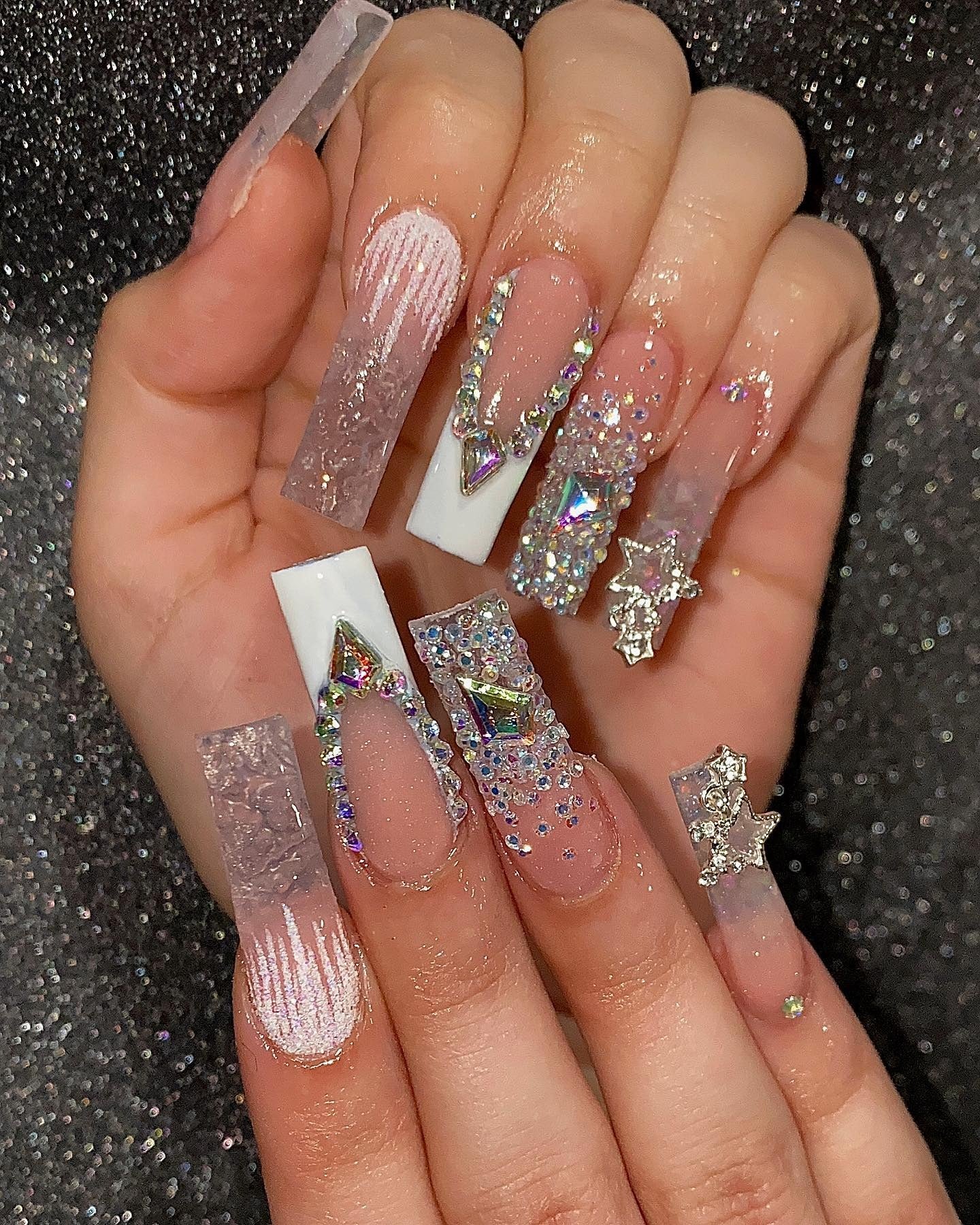 13. Crystal Shimmer Glam with 3D Rhinestone Stars (Winter Birthday Nail Ideas)