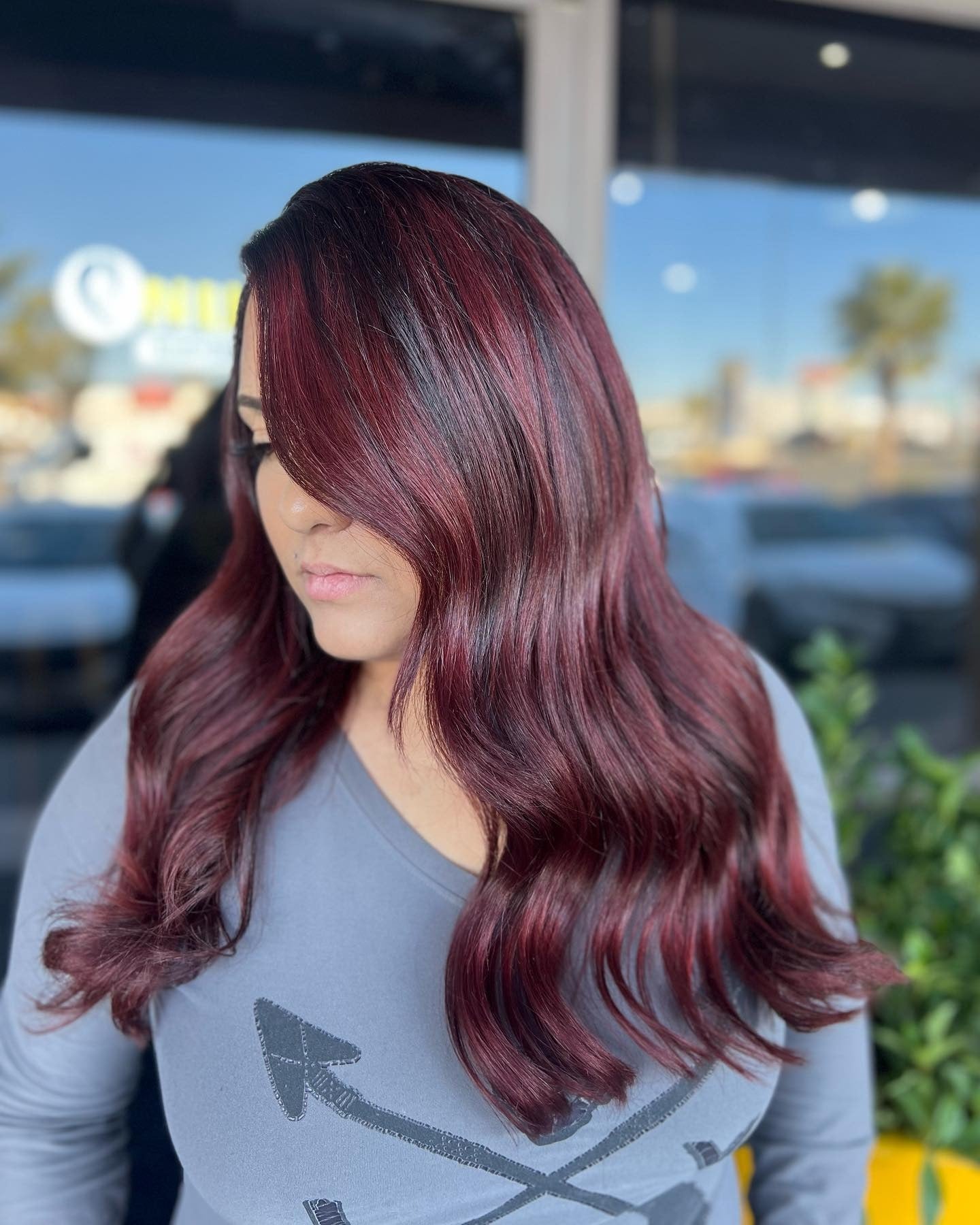 13. Glossy Deep Burgundy Layers (Burgundy Balayage Hair Color)