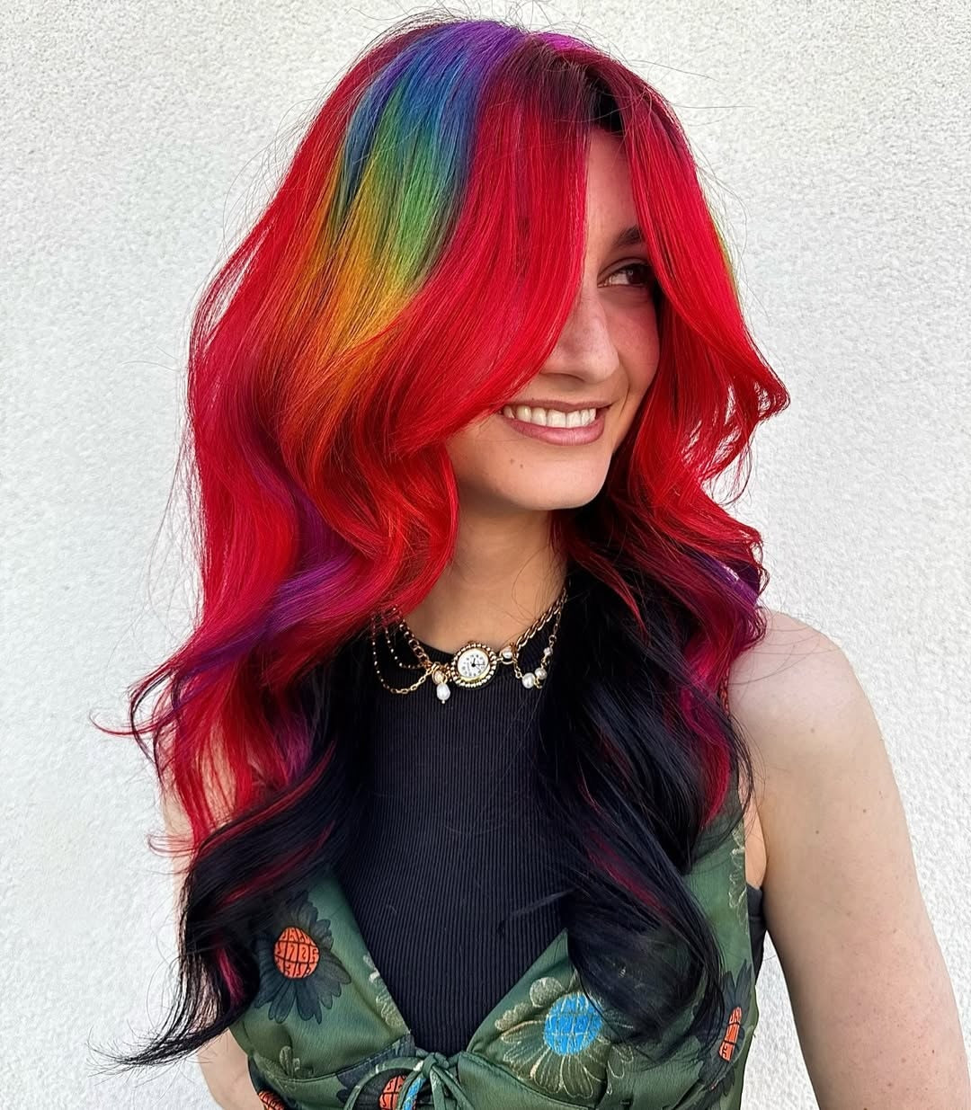 1. Rainbow-Infused Crimson Layers with Black Ends (Red Hair with Highlights)