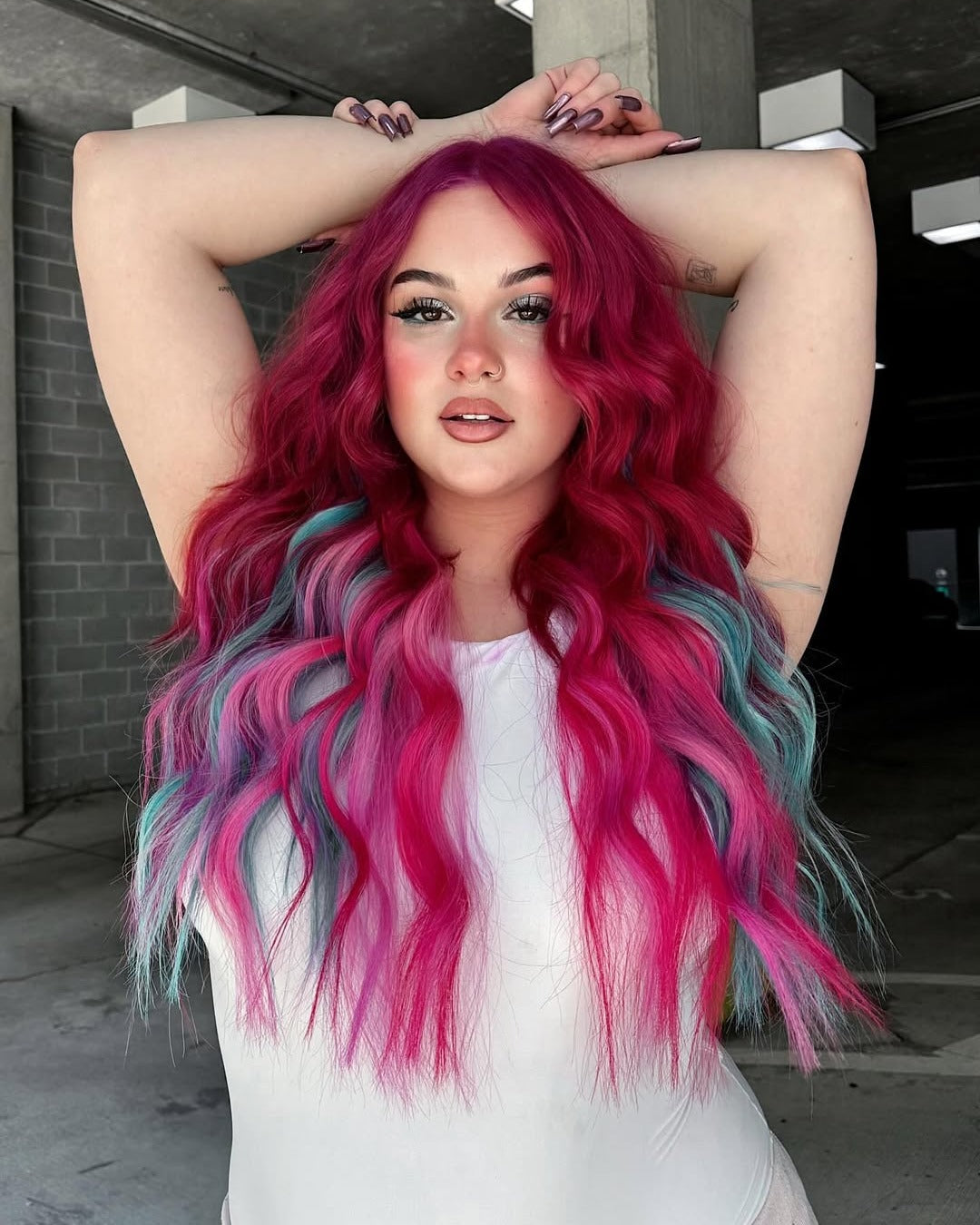 2. Fuchsia Waves with Blue and Teal Highlights (Red Hair with Highlights)