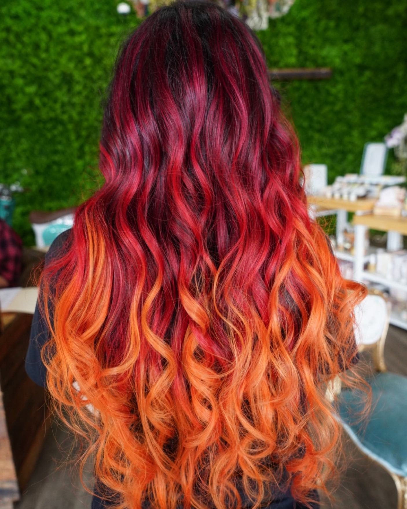 9. Red to Orange Melted Curls with Dimensional Root Depth (Red Hair with Highlights)