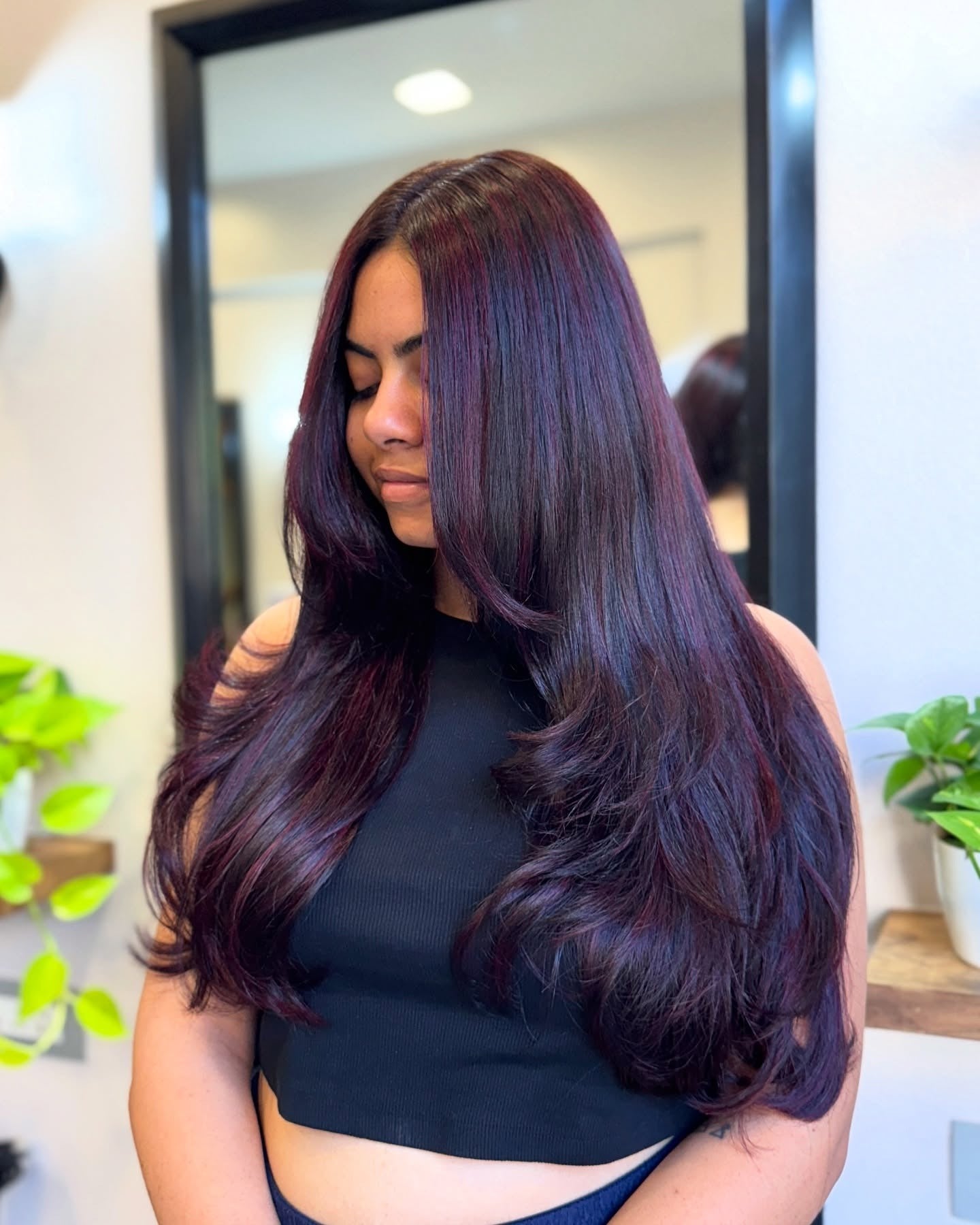 11. Glossy Plum Red Layers on Waist-Length Hair (Red Hair with Highlights)