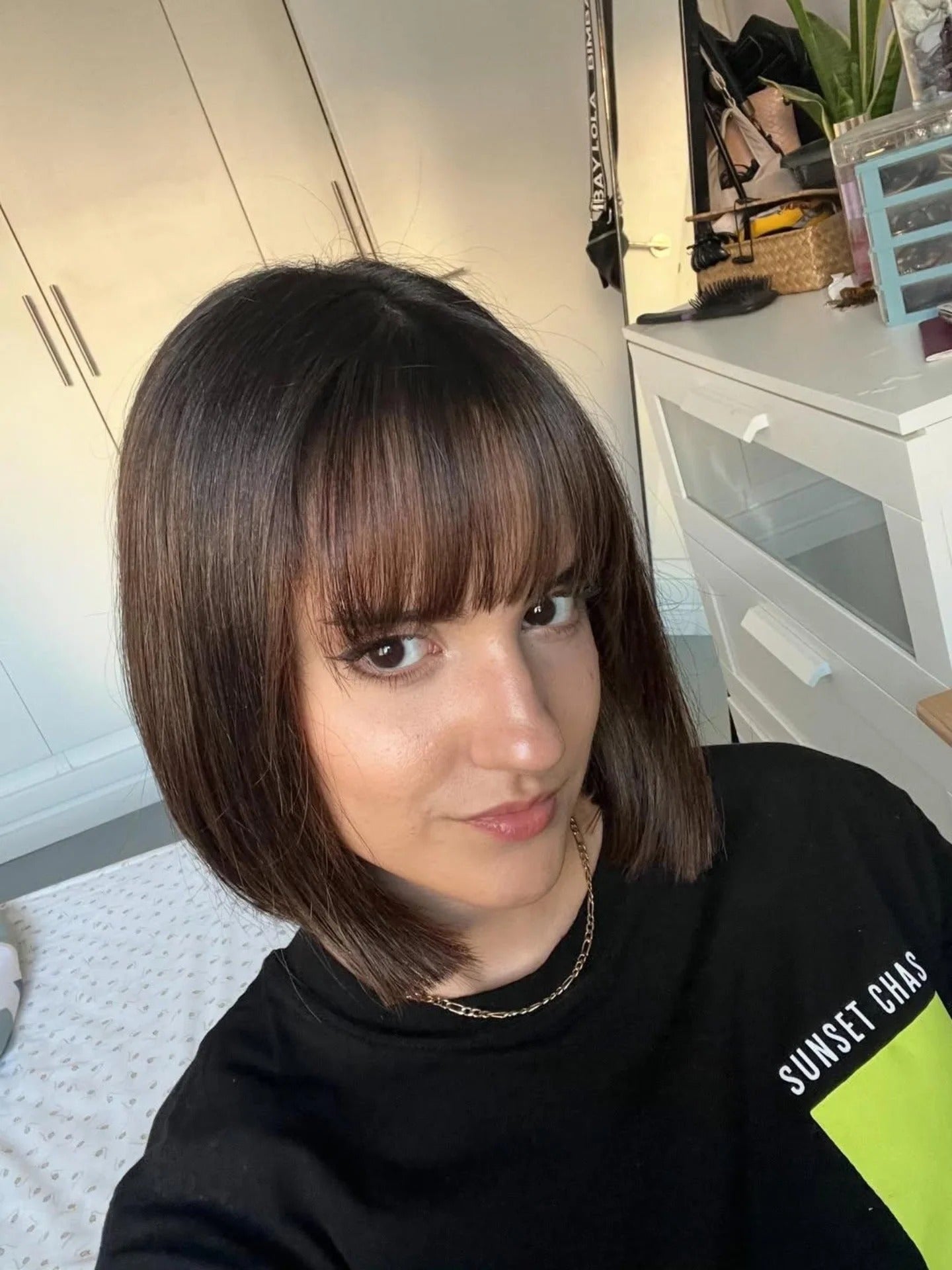 1. Blunt Bob with Full Fringe in Rich Brunette (Short Hairstyles)