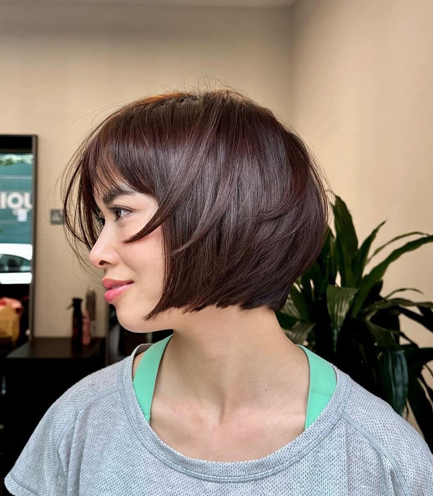 6. Graduated French Bob with Side Bangs in Mahogany Brown (Short Hairstyles)