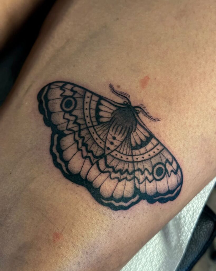 Traditional Black And Grey Moth Tattoo