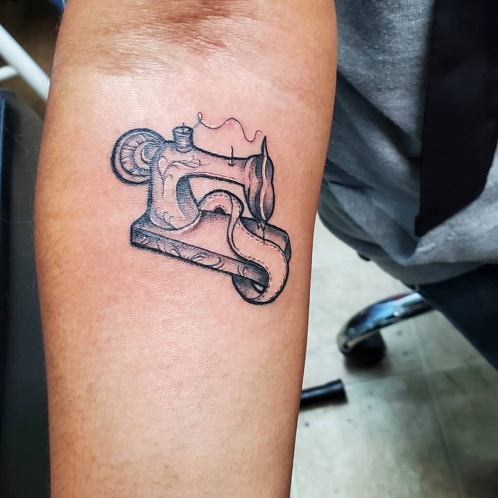 Traditional Black And Grey Sewing Machine Tattoo