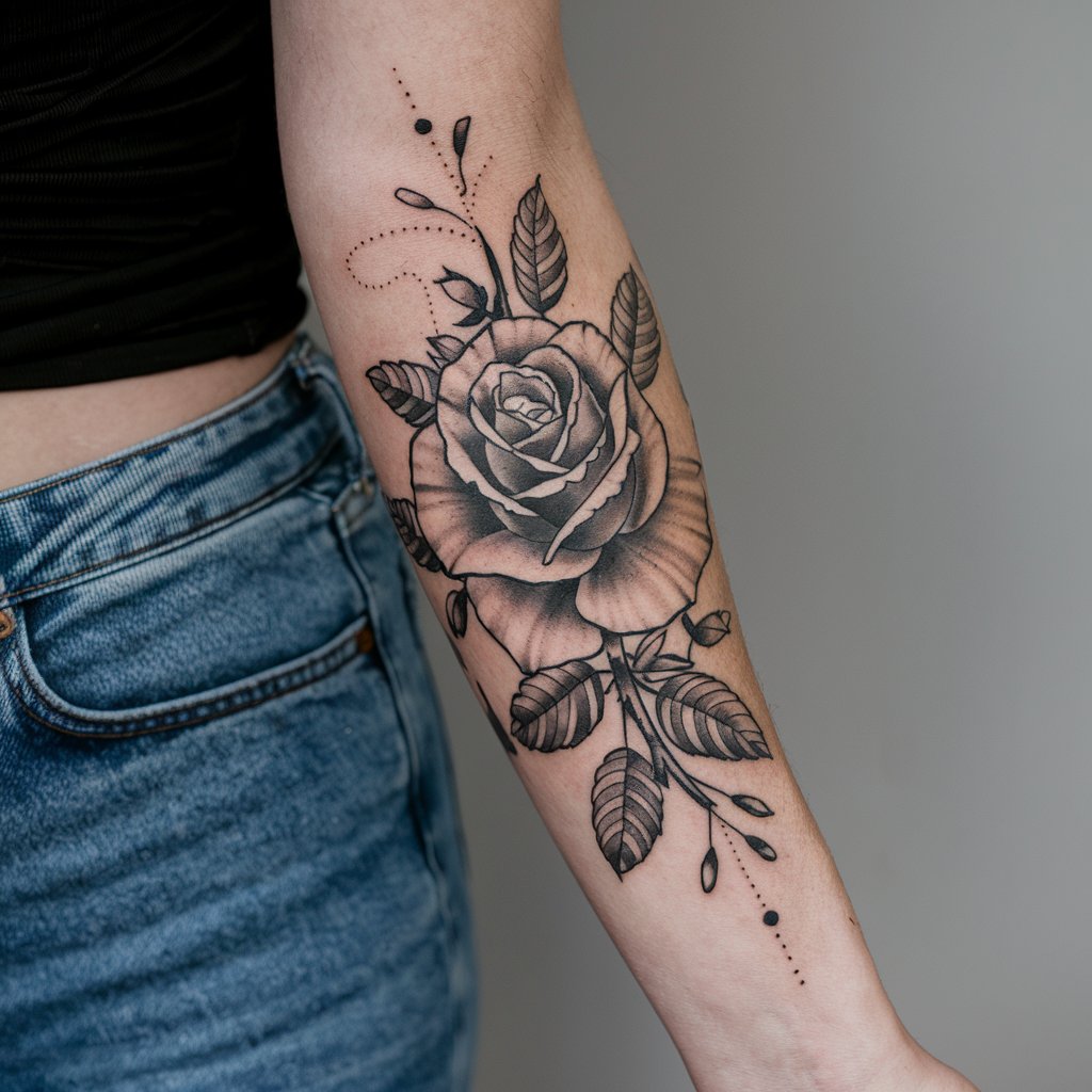 Traditional Black And Grey Rose Tattoo