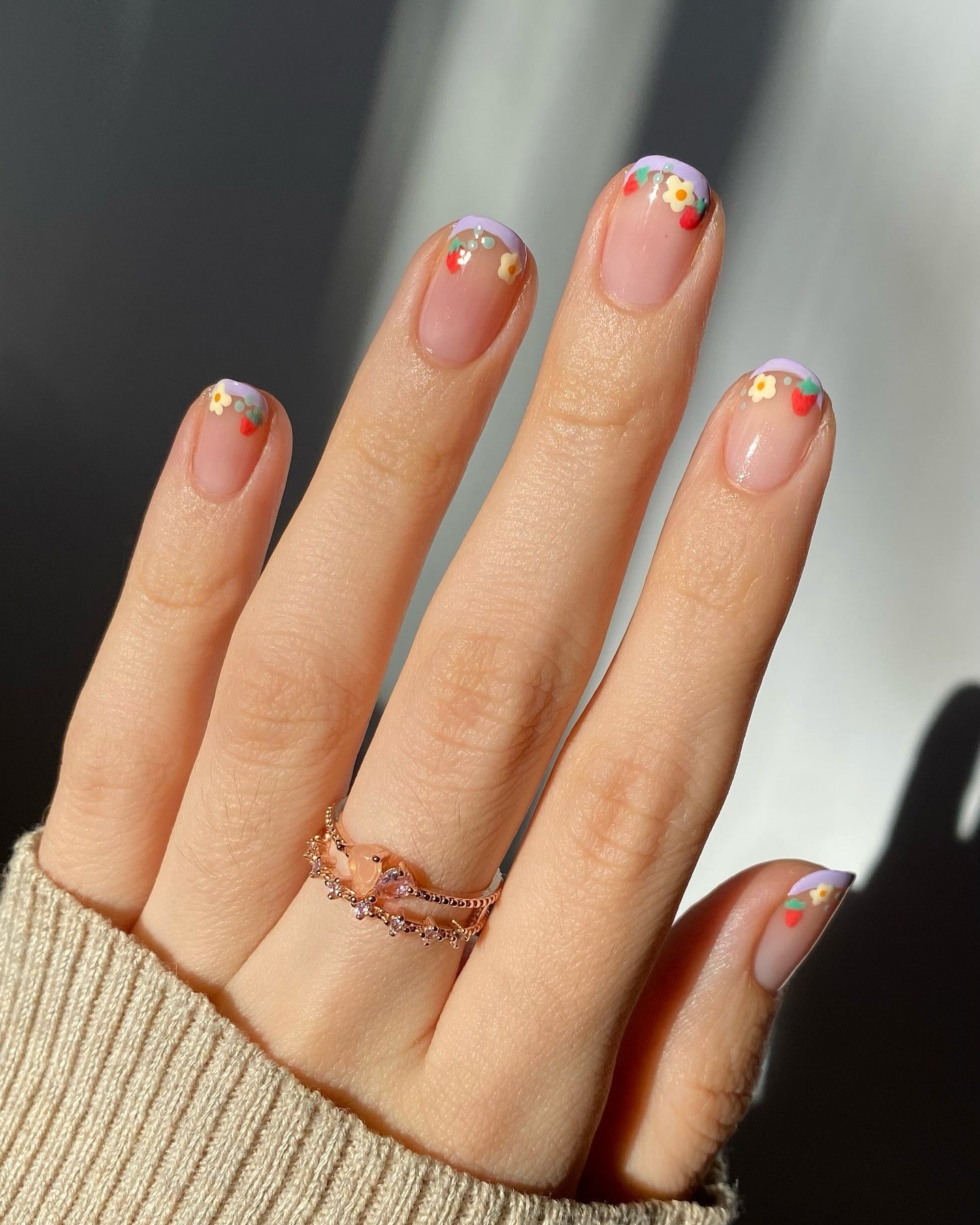 4. Pastel Petal Tips with Lavender Linework (Short Winter Nail Ideas)