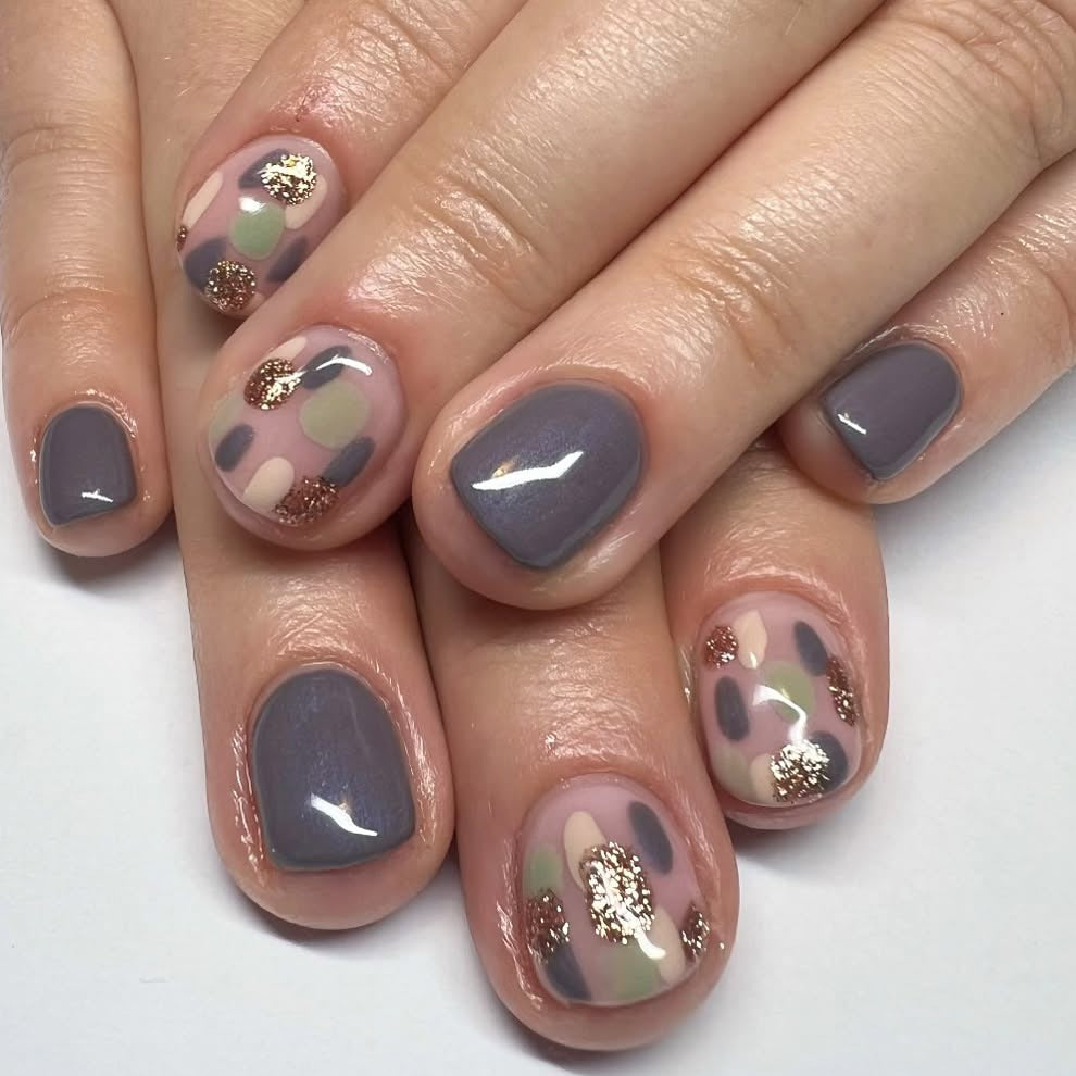 6. Mauve Mix with Soft Glitter Camo (Short Winter Nail Ideas)