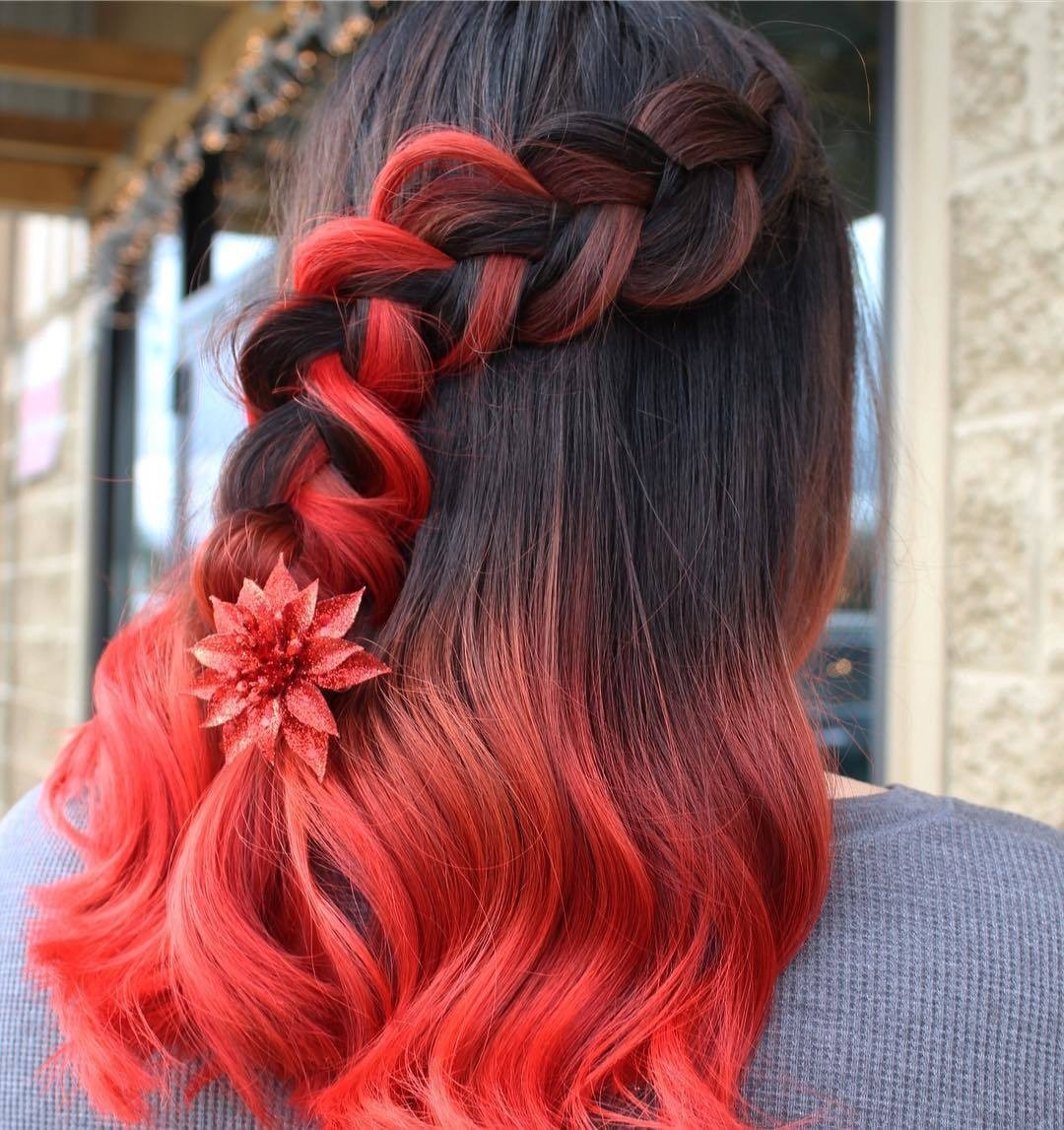 6. Waterfall Braid with Scarlet Ombre and Flower Clip (Winter Hairstyles)