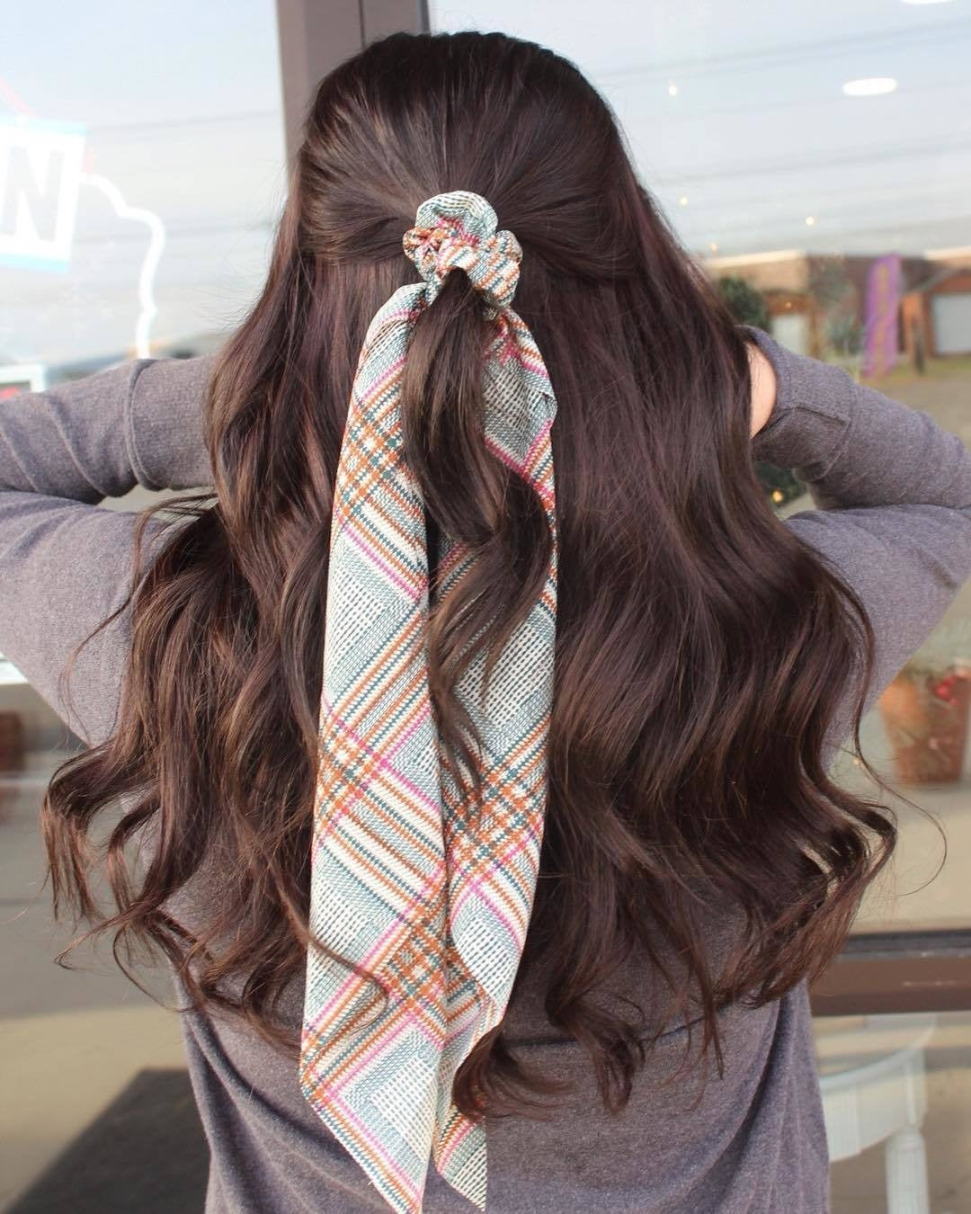 11. Half-Up Waves with Plaid Scarf Tie in Deep Brunette (Winter Hairstyles)