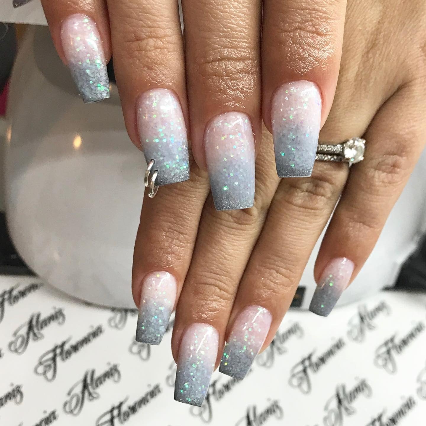 1. Soft Glitter Ombre Grey Coffin Nails (Grey Coffin Nail Ideas)