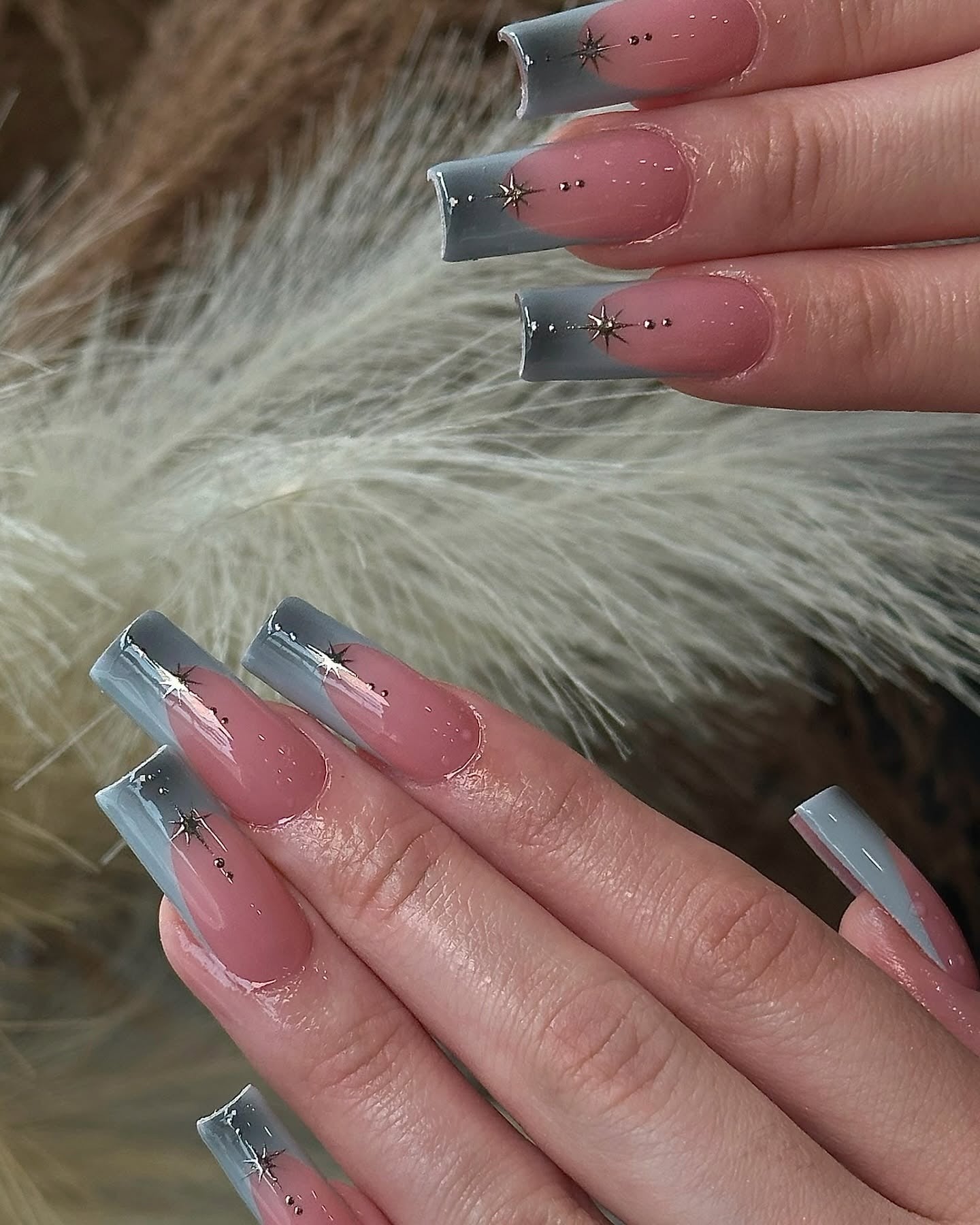 3. Starry Gradient Grey French Coffin Nails (Grey Coffin Nail Ideas)