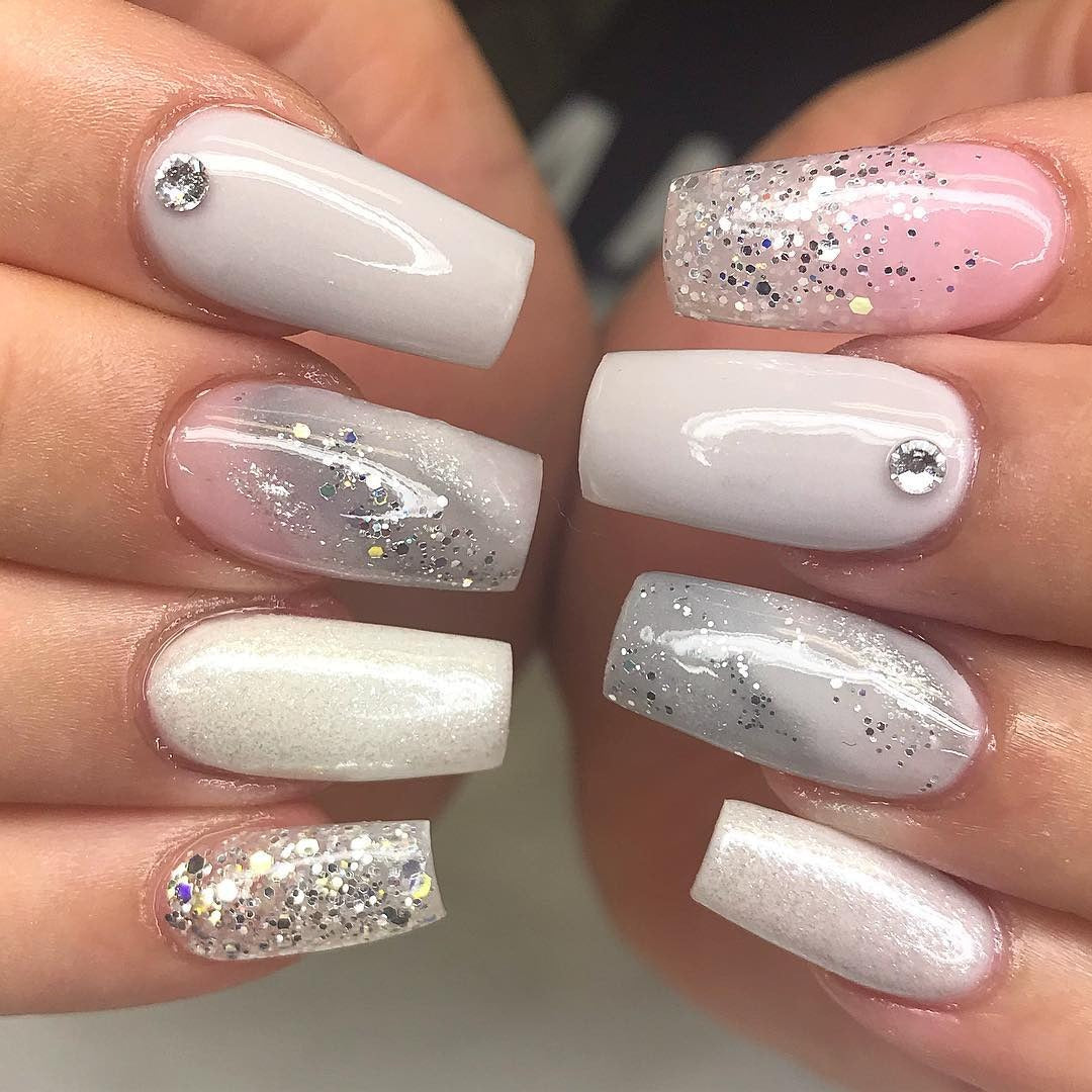 4. Frosted White and Grey Sparkle Nails (Grey Coffin Nail Ideas)