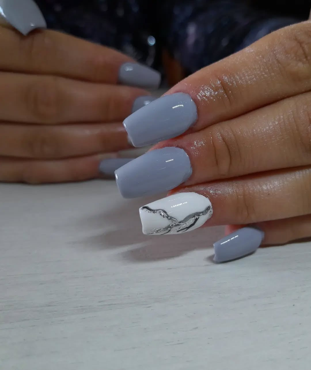 7. Cool Grey and Marble Accent Coffin Nails (Grey Coffin Nail Ideas)