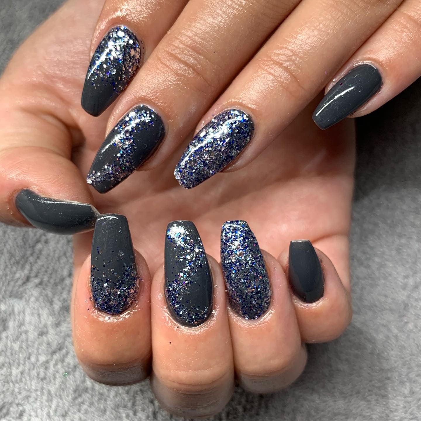 10. Midnight Glitter Gradient Nails (Grey Coffin Nail Ideas)