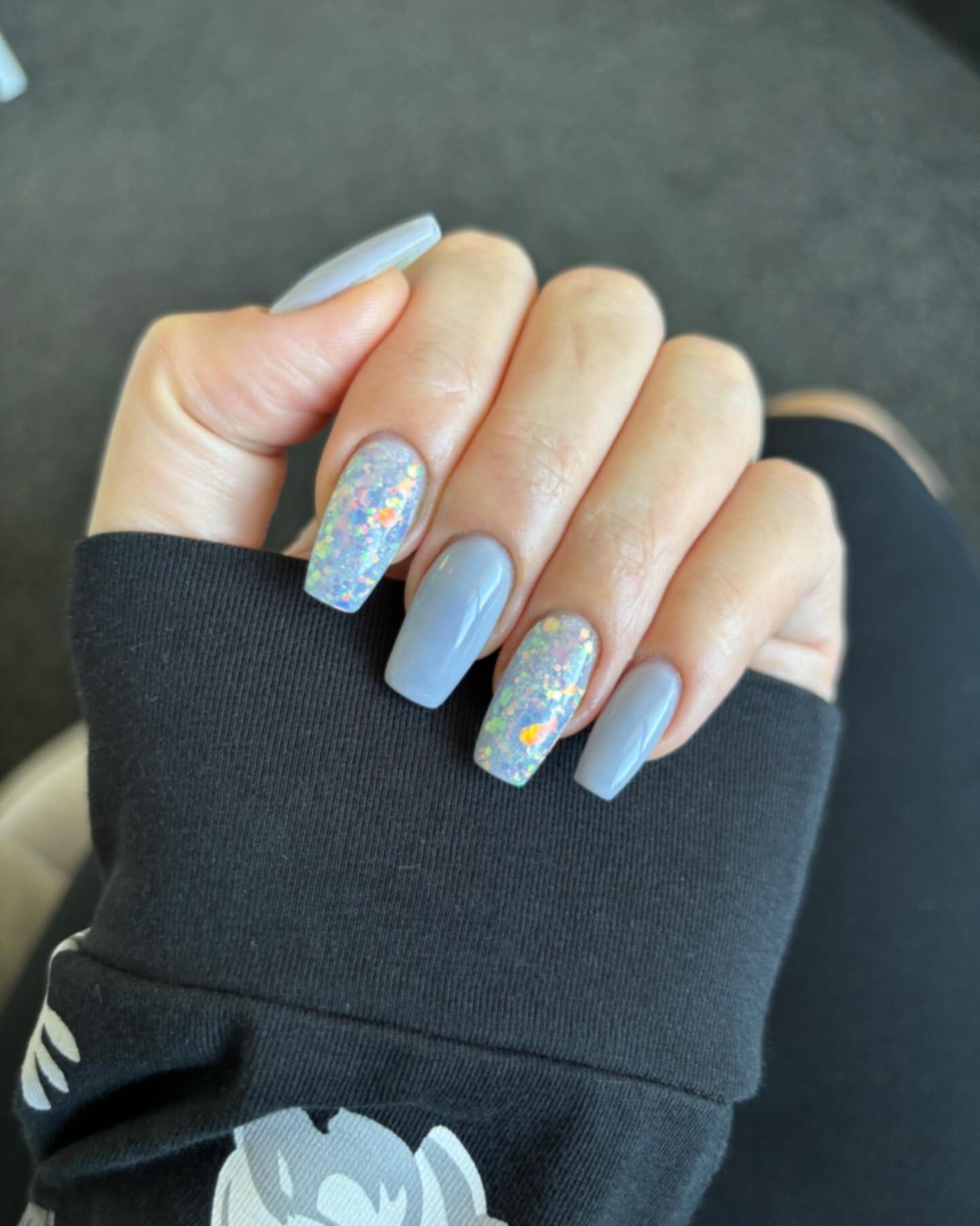 12. Glossy Dove Grey with Opal Glitter Accents (Grey Coffin Nail Ideas)