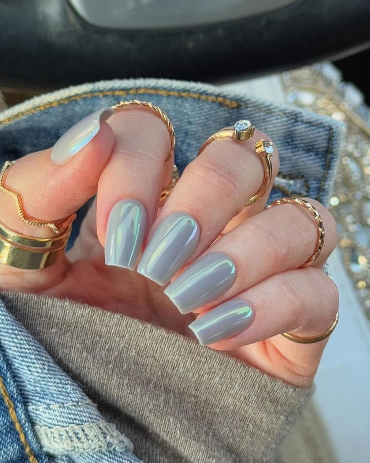 13. Chrome Glazed Grey Coffin Nails (Grey Coffin Nail Ideas)