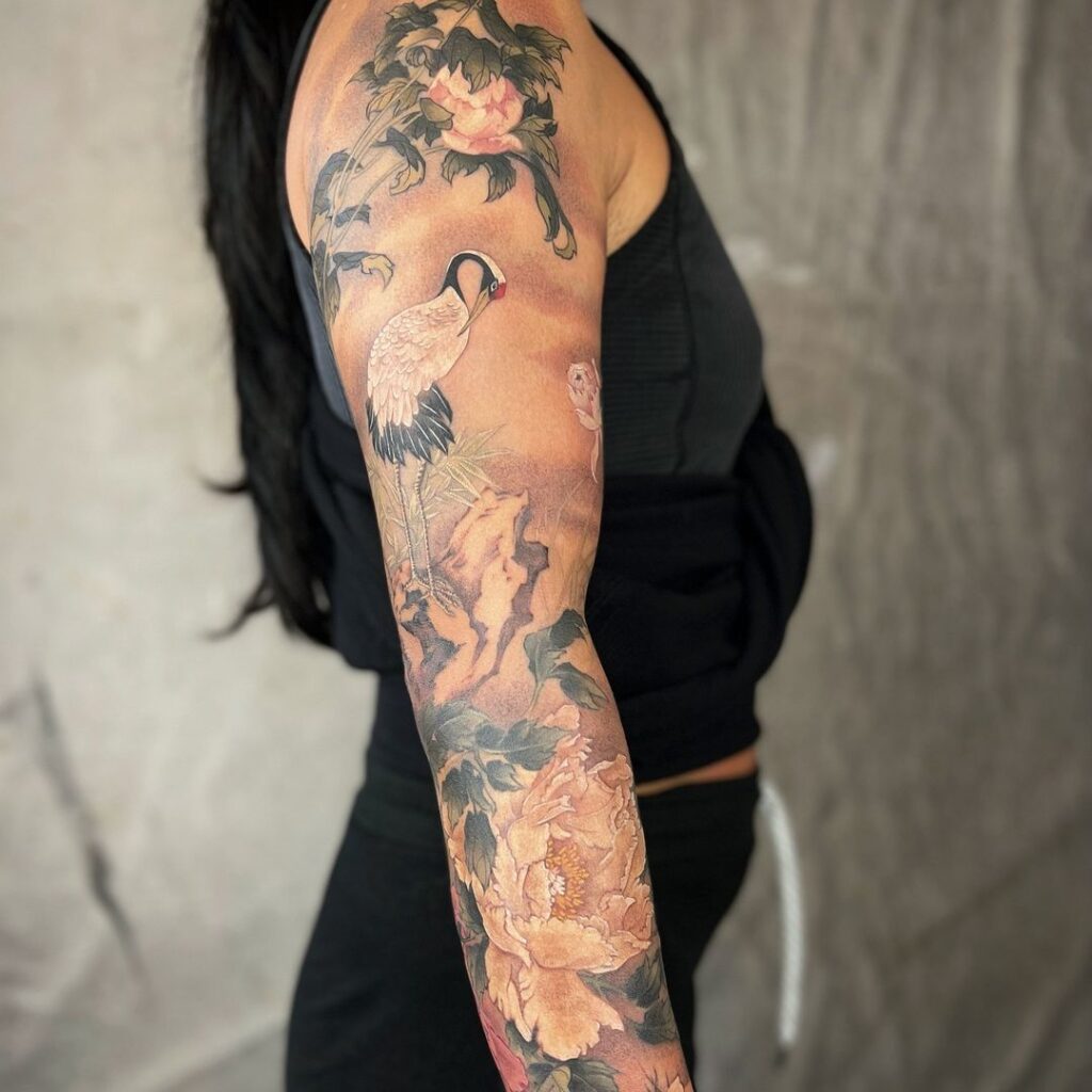 Peonies & Crane Sleeve Tattoo