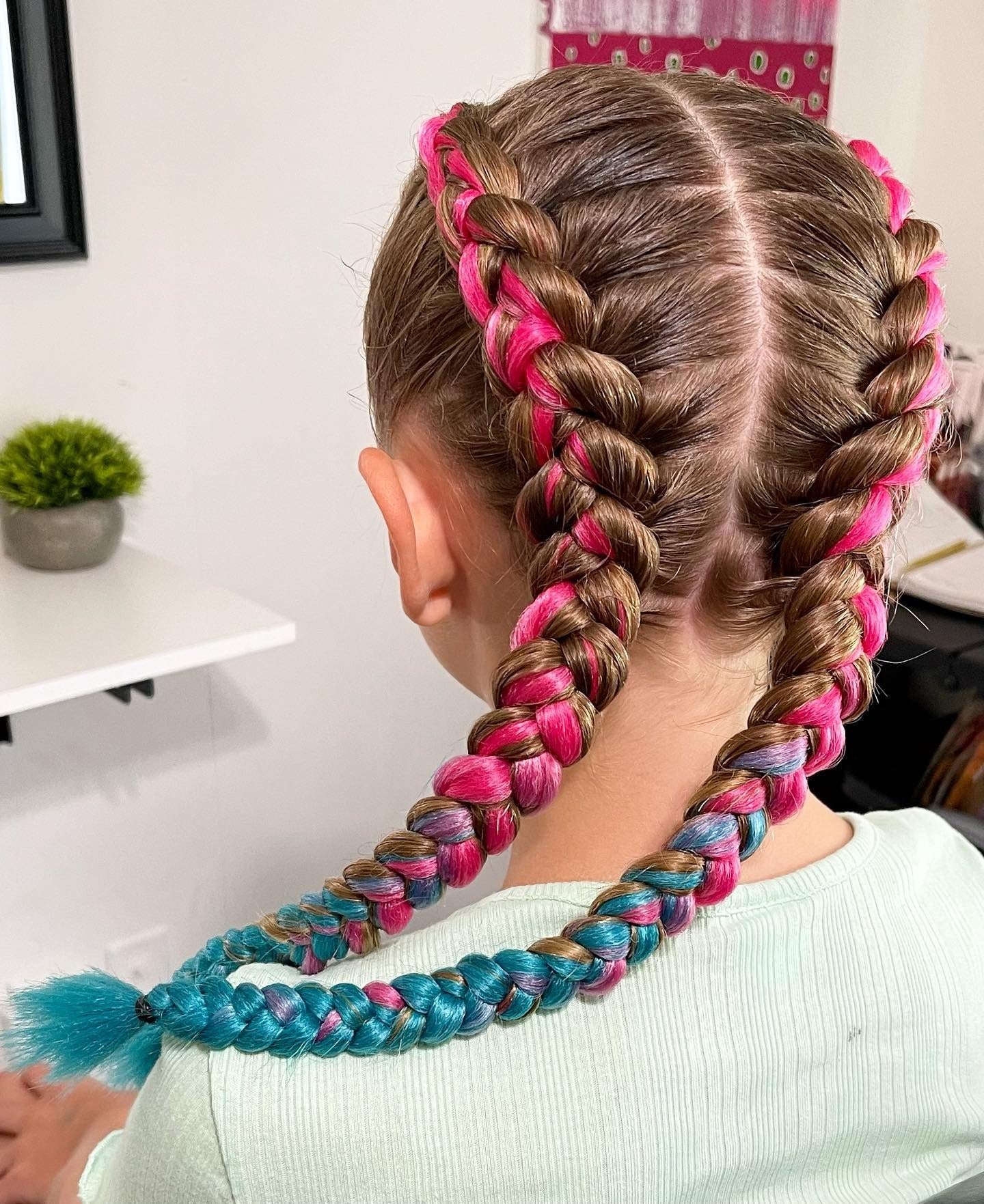 10. Vibrant Pink and Teal Braided Pigtails (Softball Hairstyles)