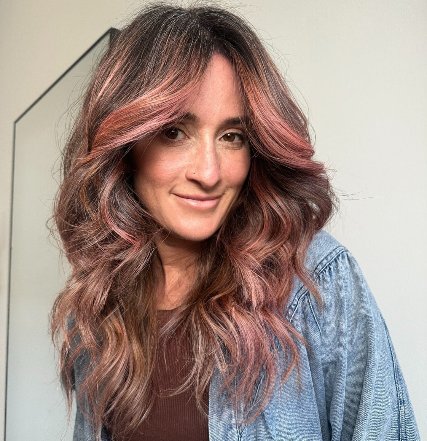 9. Rosewood Waves with Face-Framing Layers (Spring Hair Color)