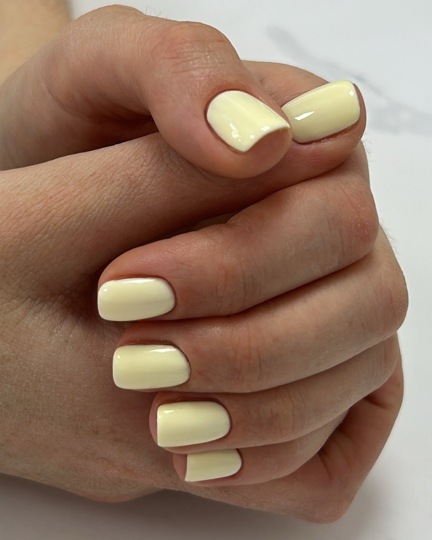 13. Soft Buttercream Square Nails (Solid Nail Color Ideas)