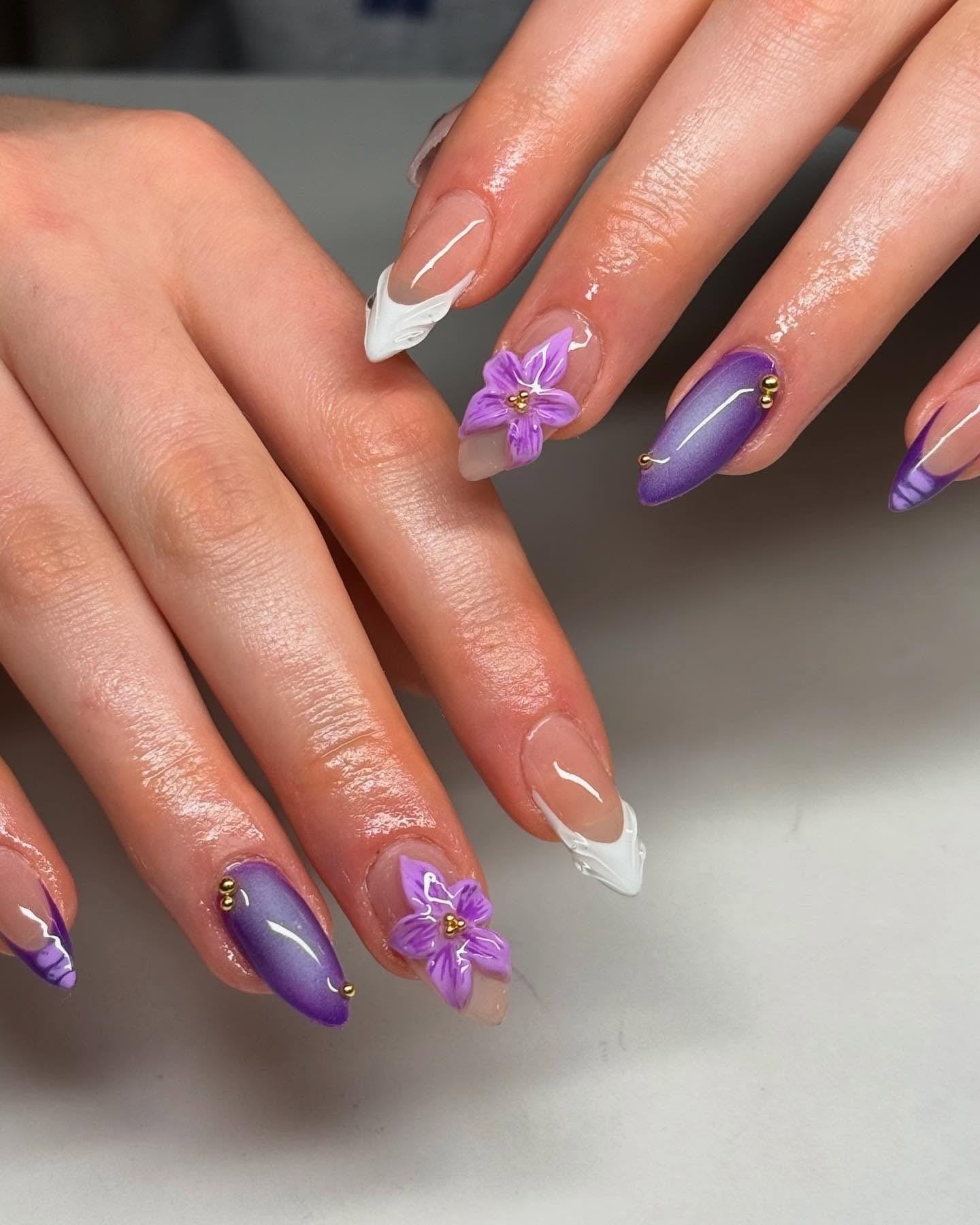 11. Glossed Violet Petals with White French Accents (Purple and Lavender Nail Ideas)