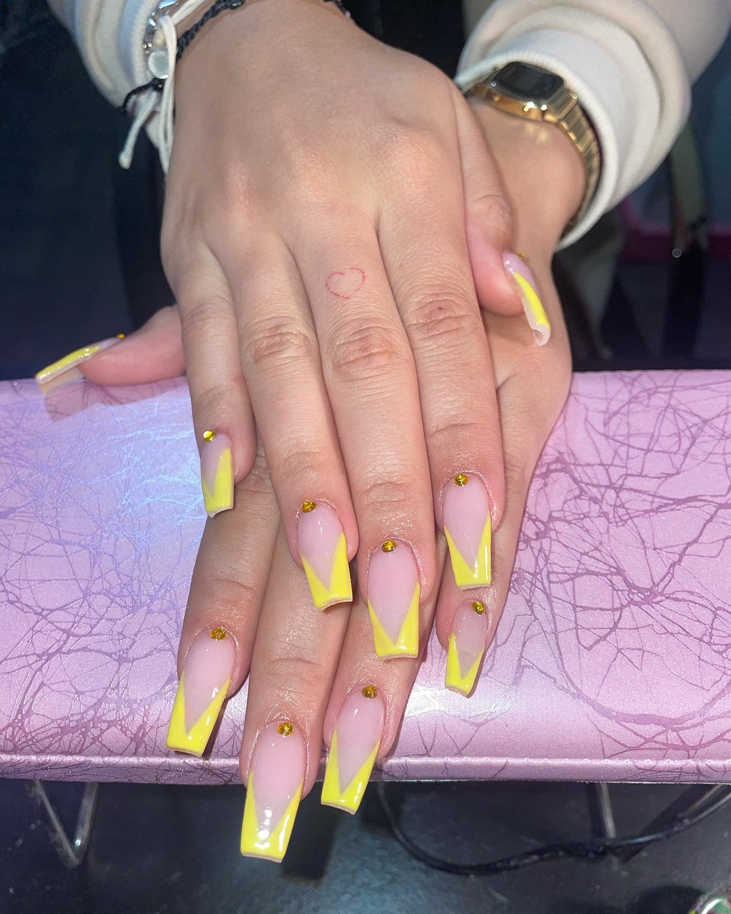 1. Yellow V-Cut Coffin Nails with Rhinestones (Yellow Coffin Nail Ideas)